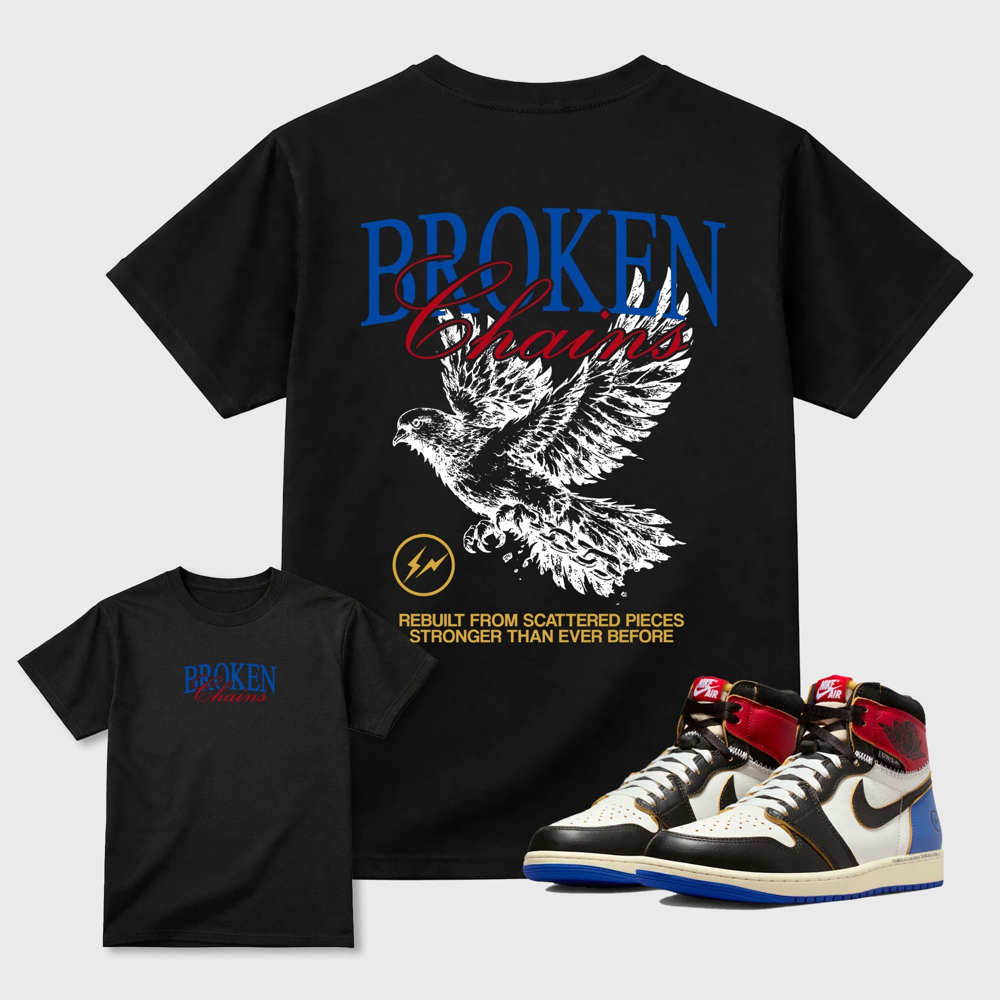 Broken Chains sneaker match t-shirt styled to complete your fit with the Air Jordan 1 Union x Fragment sneakers, shown in Black.