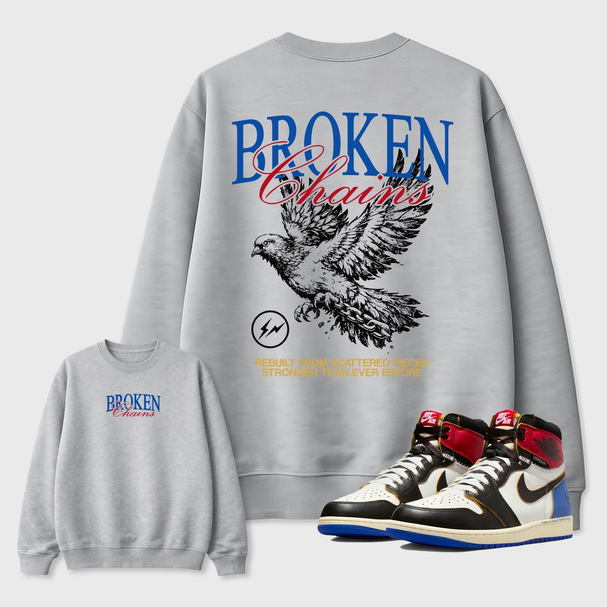 Broken Chains sneaker match t-shirt styled to complete your fit with the Air Jordan 1 Union x Fragment sneakers, shown in Heather Grey.