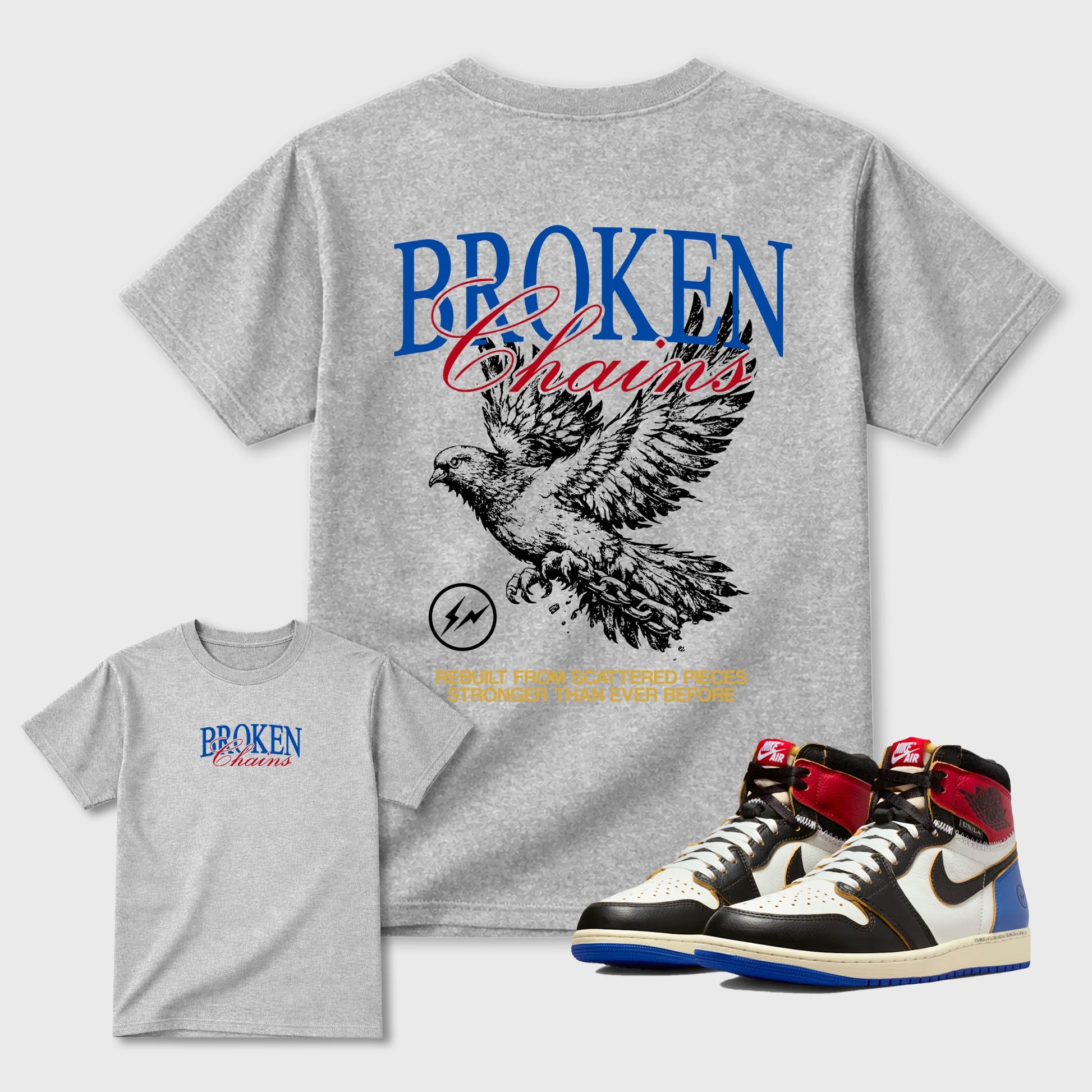 Broken Chains sneaker match t-shirt styled to complete your fit with the Air Jordan 1 Union x Fragment sneakers, shown in Heather Grey.
