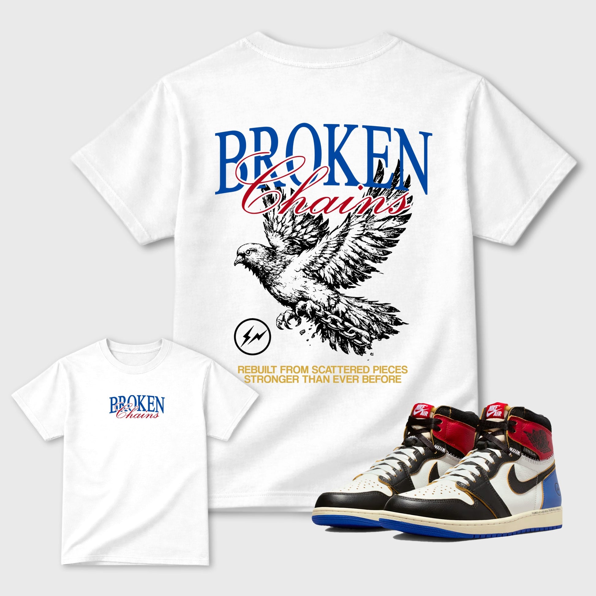 Broken Chains sneaker match t-shirt styled to complete your fit with the Air Jordan 1 Union x Fragment sneakers, shown in White.