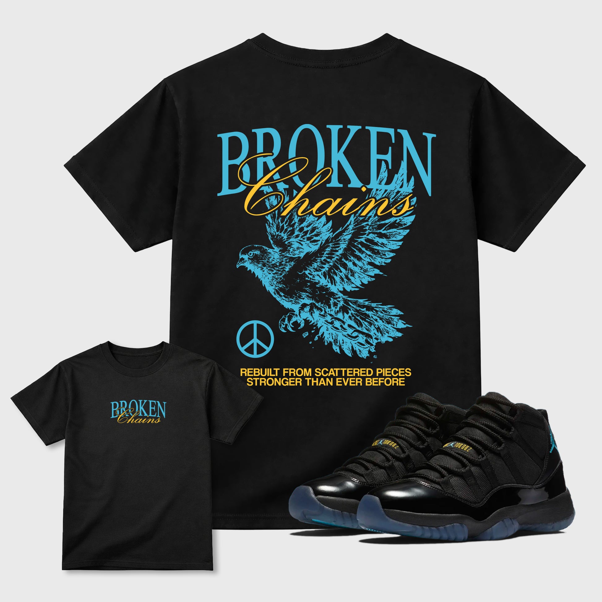 Broken Chains sneaker match t-shirt styled to complete your fit with the Air Jordan 11 Gamma sneakers, Front and Back Graphic Tee