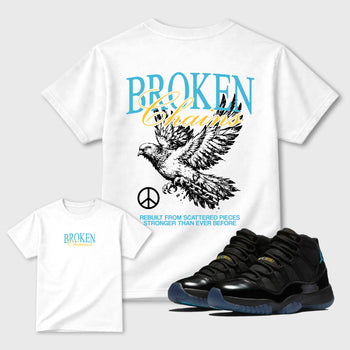 Broken Chains sneaker match t-shirt styled to complete your fit with the Air Jordan 11 Gamma sneakers, Front and Back Graphic Tee