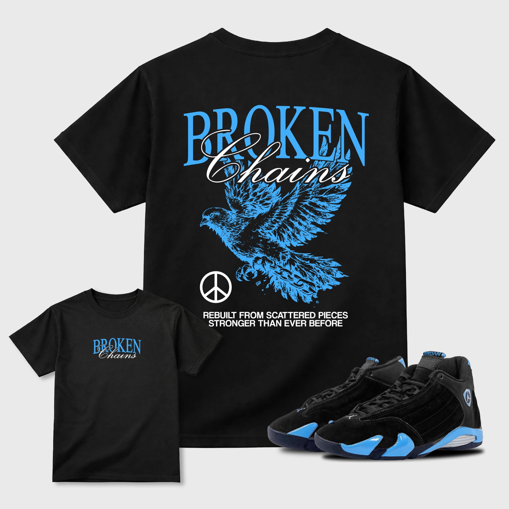 Broken Chains sneaker match t-shirt styled to complete your fit with the Air Jordan 14 University Blue sneakers, front and Back Graphic Tee, shown in Black.