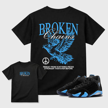 Broken Chains sneaker match t-shirt styled to complete your fit with the Air Jordan 14 University Blue sneakers, front and Back Graphic Tee, shown in Black.