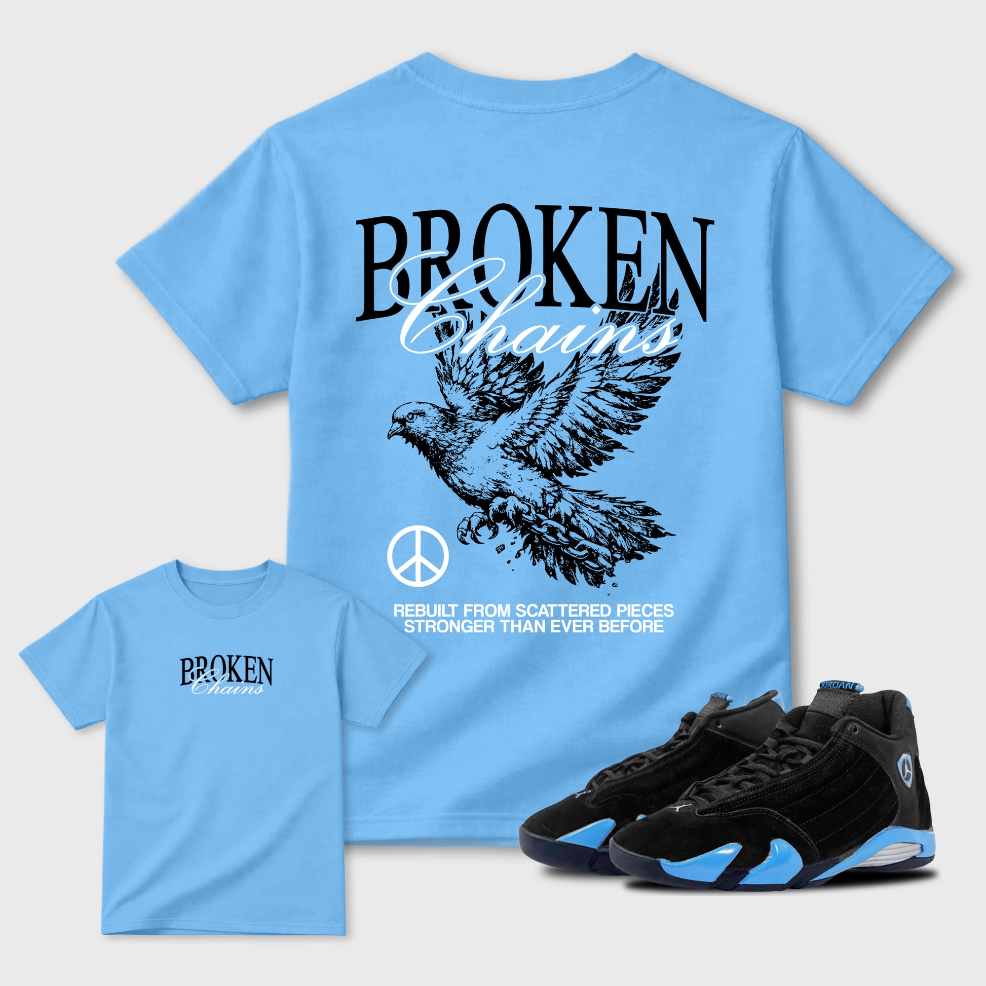 Broken Chains sneaker match t-shirt styled to complete your fit with the sneakers, front and Back Graphic Tee, shown in Carolina Blue.