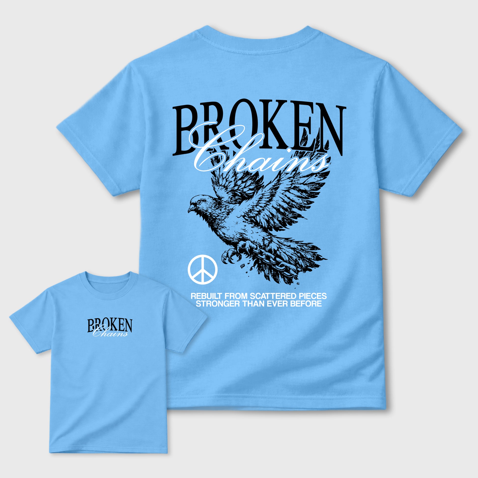Broken Chains sneaker match t-shirt styled to complete your fit with the sneakers, front and Back Graphic Tee, shown in Carolina Blue.