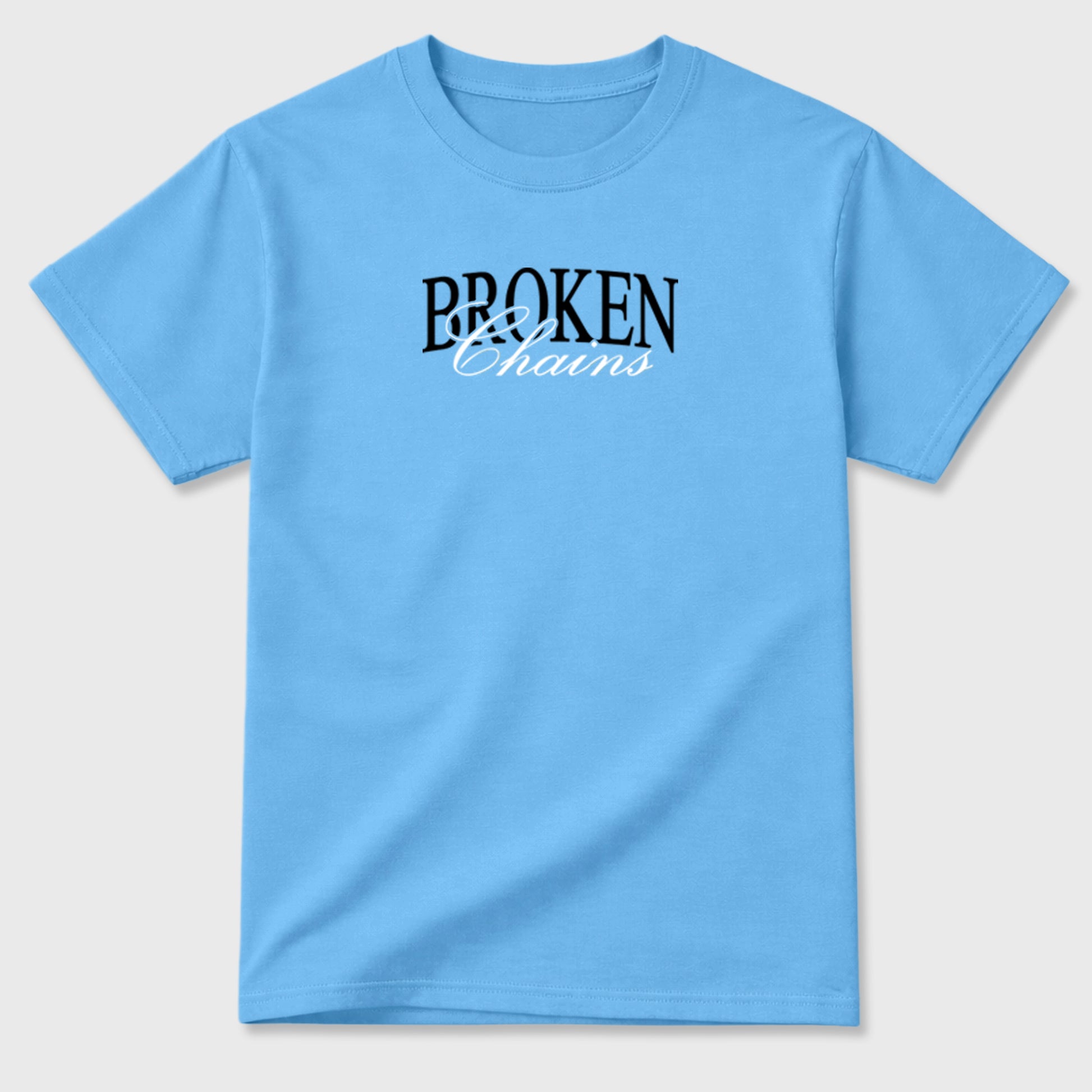 Broken Chains sneaker match t-shirt styled to complete your fit with the sneakers, front and Back Graphic Tee, shown in Carolina Blue.