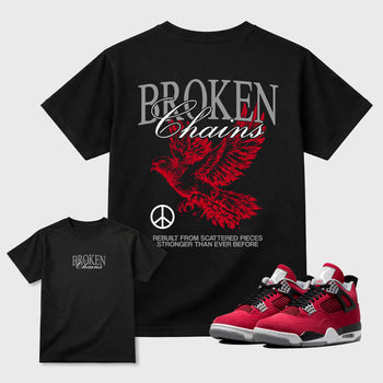 Broken Chains Graphic T-Shirt sneaker match tee designed for the Air Jordan 4 Toro Bravo sneakers, featuring coordinated color options for a perfect streetwear match. Black shirt.