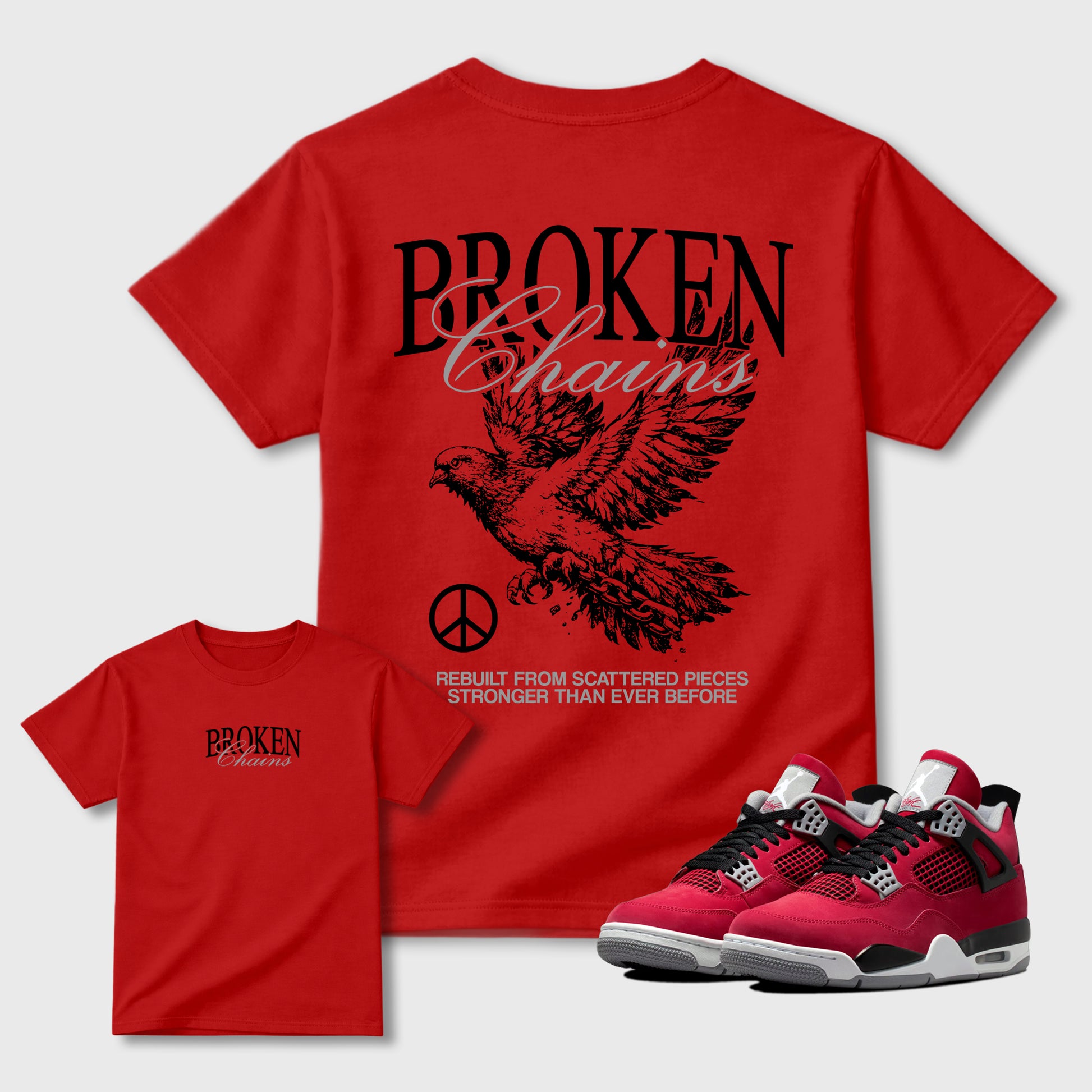 Broken Chains Graphic T-Shirt sneaker match tee designed for4s Toro Bravo, featuring coordinated color options for a perfect streetwear match. Red shirt.