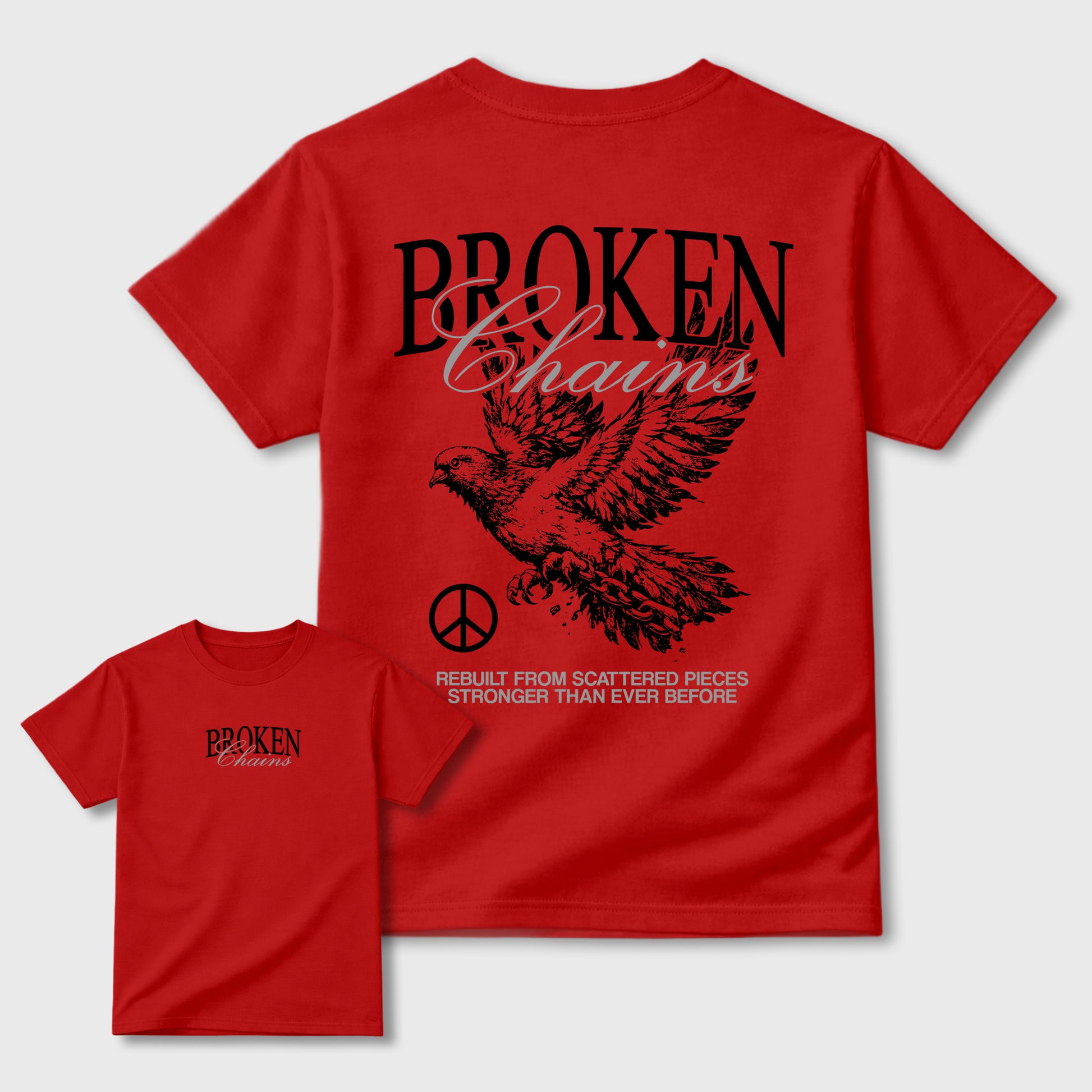 Broken Chains Graphic T-Shirt sneaker match tee designed for4s Toro Bravo, featuring coordinated color options for a perfect streetwear match. Red shirt.