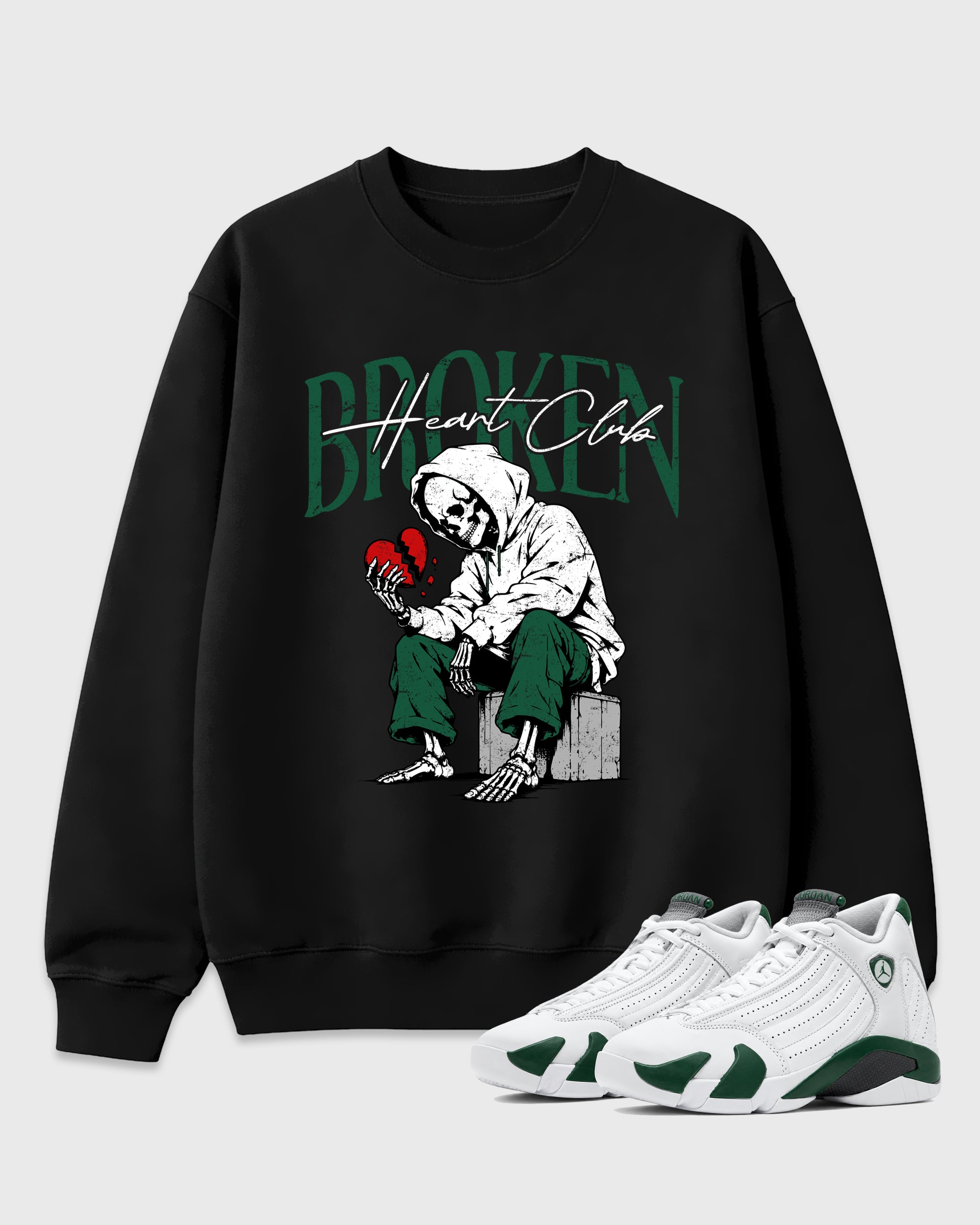 Broken Heart Club Graphic T-Shirt featuring original streetwear artwork designed to match the Air Jordan 14 Forest Green. Black 1 Graphic Tee.