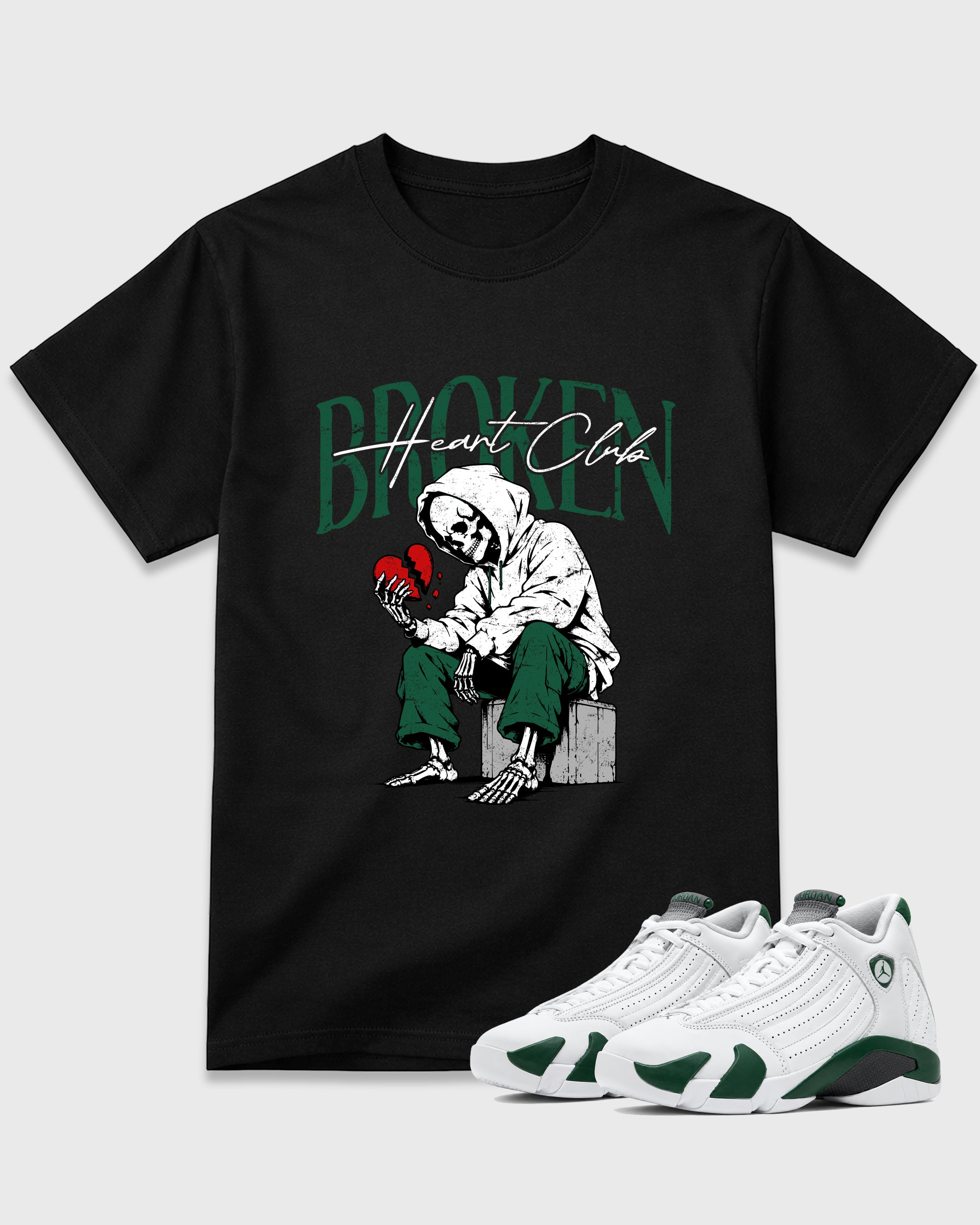 Broken Heart Club Graphic T-Shirt featuring original streetwear artwork designed to match the Air Jordan 14 Forest Green. Black 1 Graphic T-Shirt.