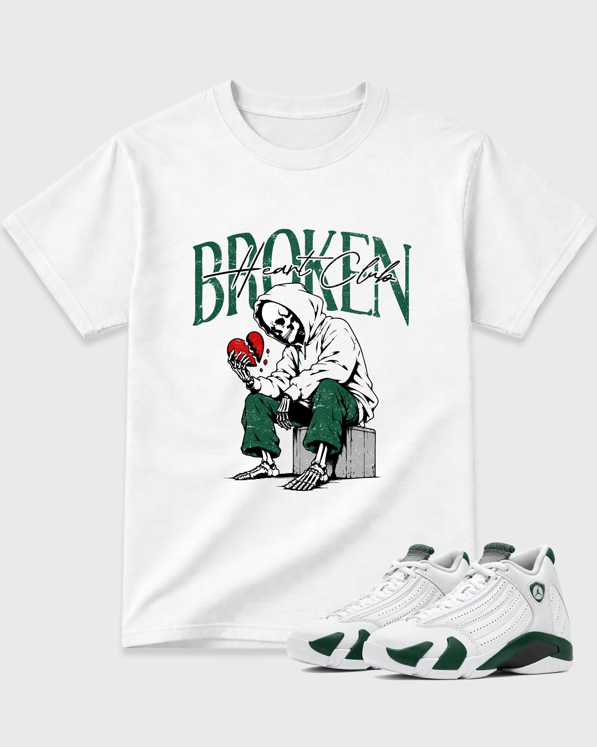 Broken Heart Club Graphic T-Shirt featuring original streetwear artwork designed to match the Air Jordan 14 Forest Green. White 1 Graphic T-Shirt.