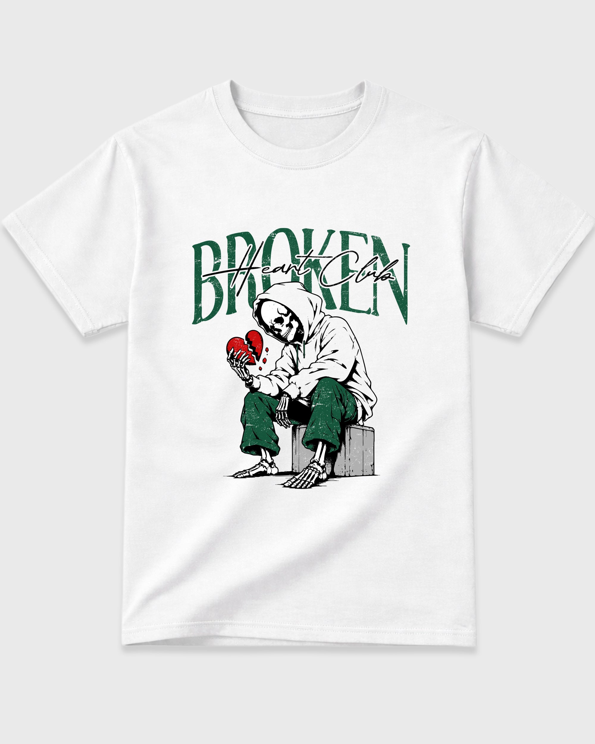 Broken Heart Club Graphic T-Shirt featuring original streetwear artwork designed to match the Air Jordan 14 Forest Green. White 2 Graphic T-Shirt.