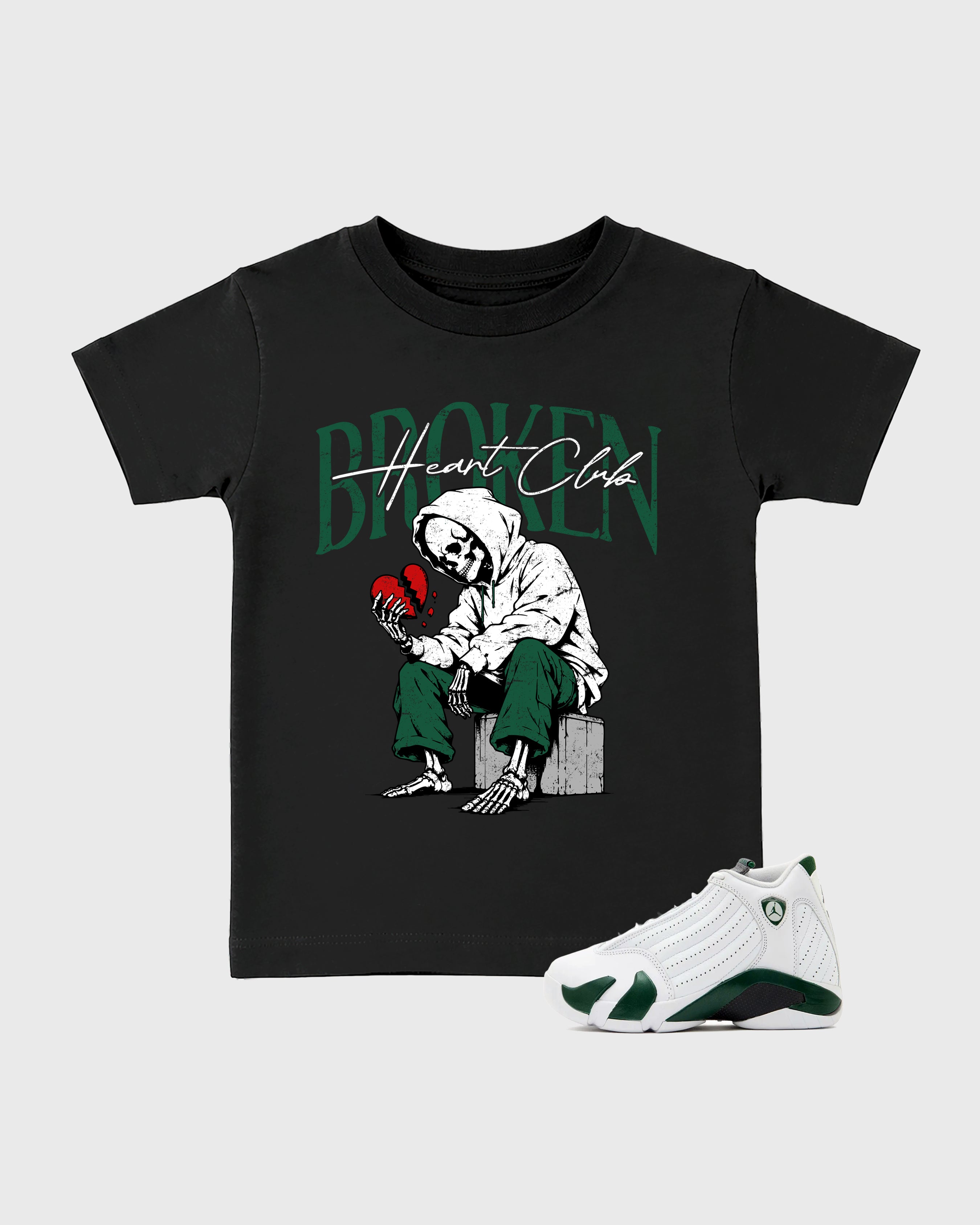 Broken Heart Club Baby & Kids Graphic T-Shirt featuring original artwork designed to match the Air Jordan 14 Forest Green. Black 1 Kids Graphic Tee.
