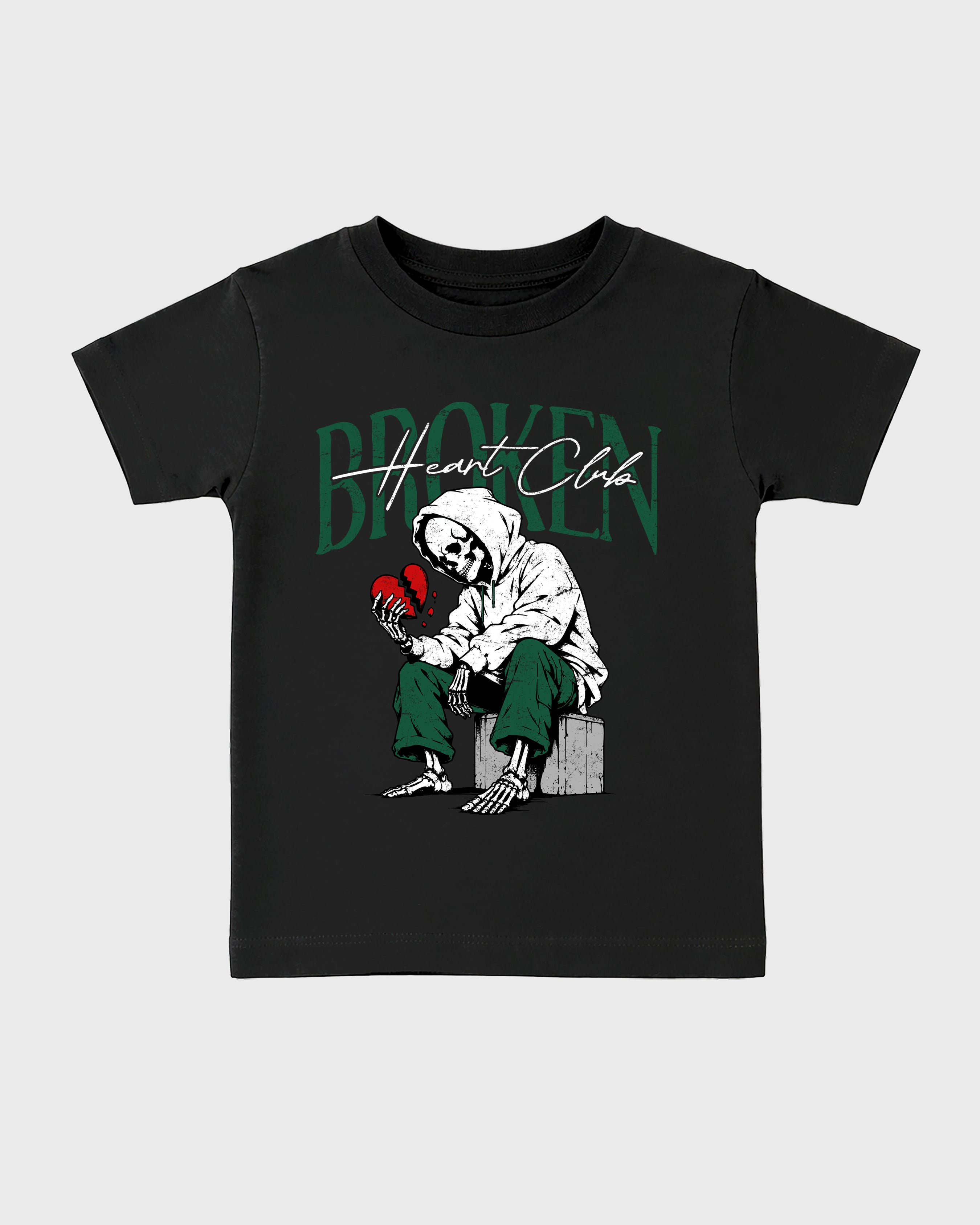 Broken Heart Club Baby & Kids Graphic T-Shirt featuring original artwork designed to match the Air Jordan 14 Forest Green. Black 2 Kids Graphic Tee.