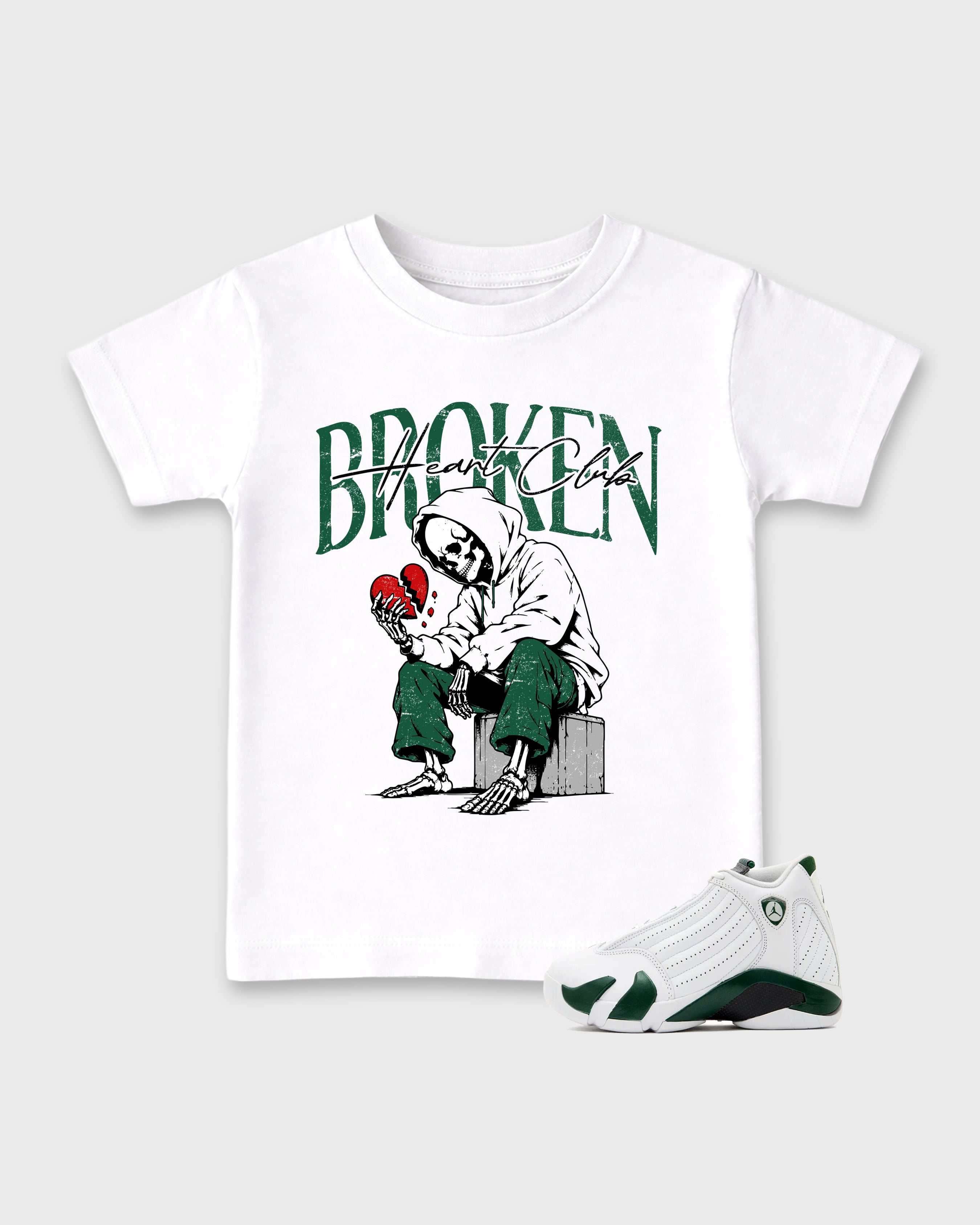 Broken Heart Club Baby & Kids Graphic T-Shirt featuring original artwork designed to match the Air Jordan 14 Forest Green. White 1 Kids Graphic Tee.