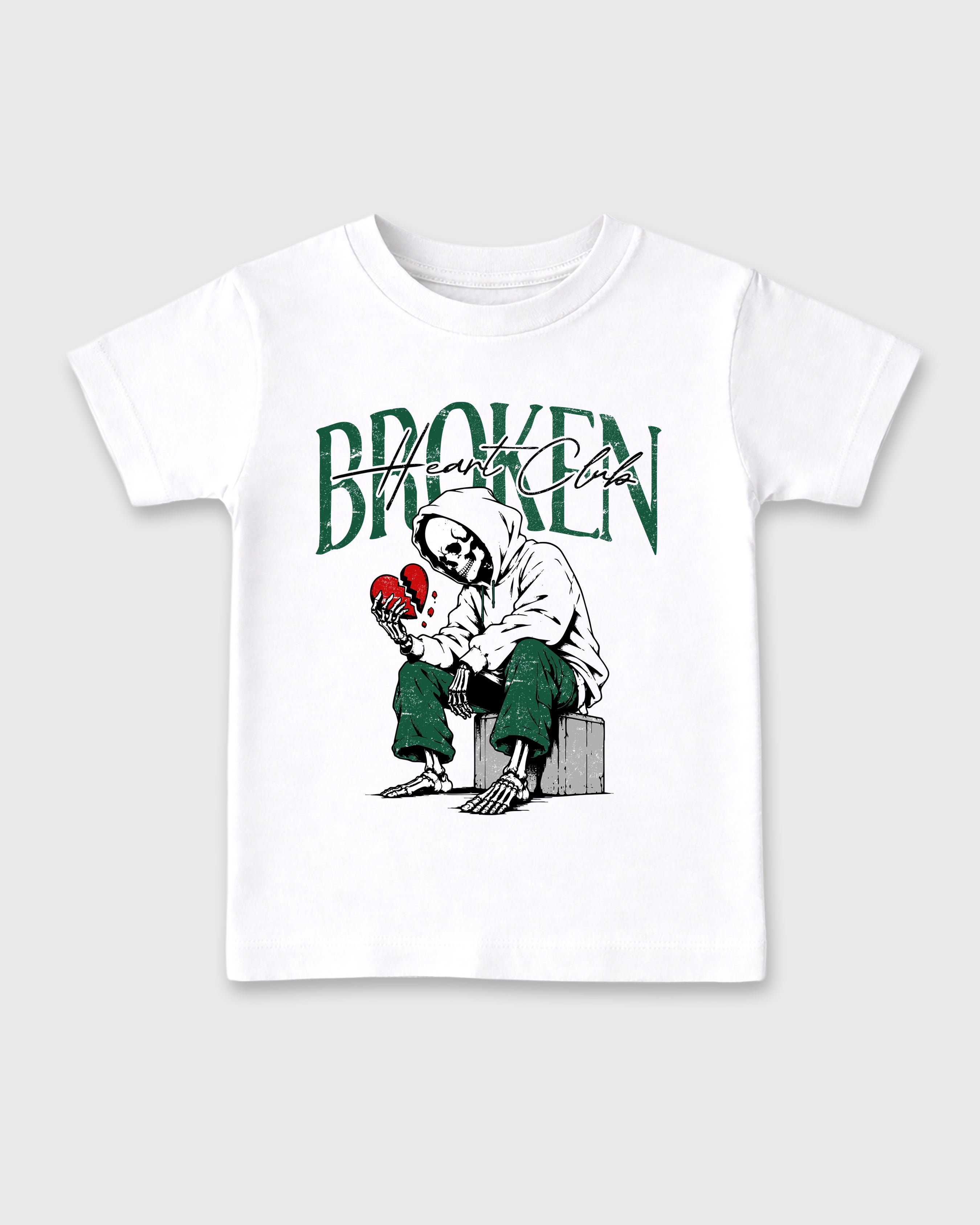 Broken Heart Club Baby & Kids Graphic T-Shirt featuring original artwork designed to match the Air Jordan 14 Forest Green. White 2 Kids Graphic Tee.