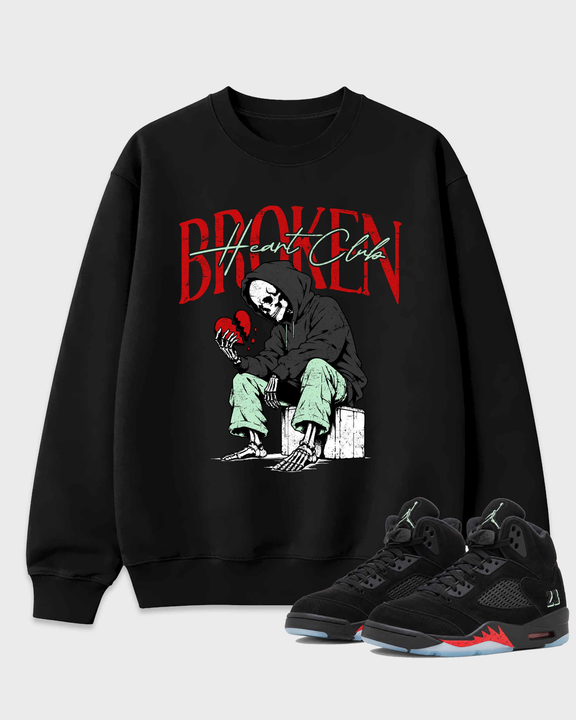 Broken Heart Club Graphic T-Shirt featuring original streetwear artwork designed to match the Air Jordan 5 Halloween. Black 1 Graphic Tee.