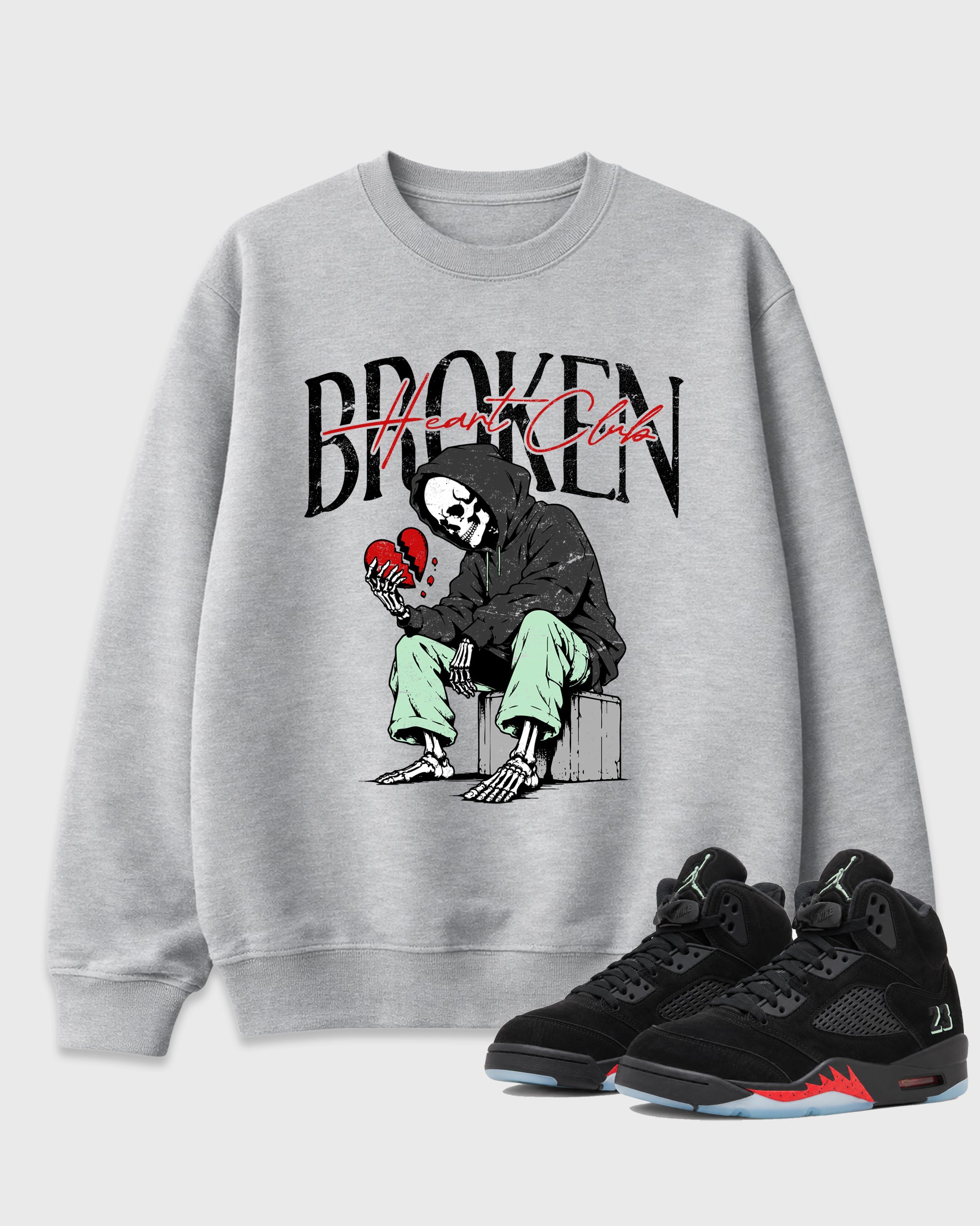 Broken Heart Club Graphic T-Shirt featuring original streetwear artwork designed to match the Air Jordan 5 Halloween. Heather Grey 1 Graphic Tee.