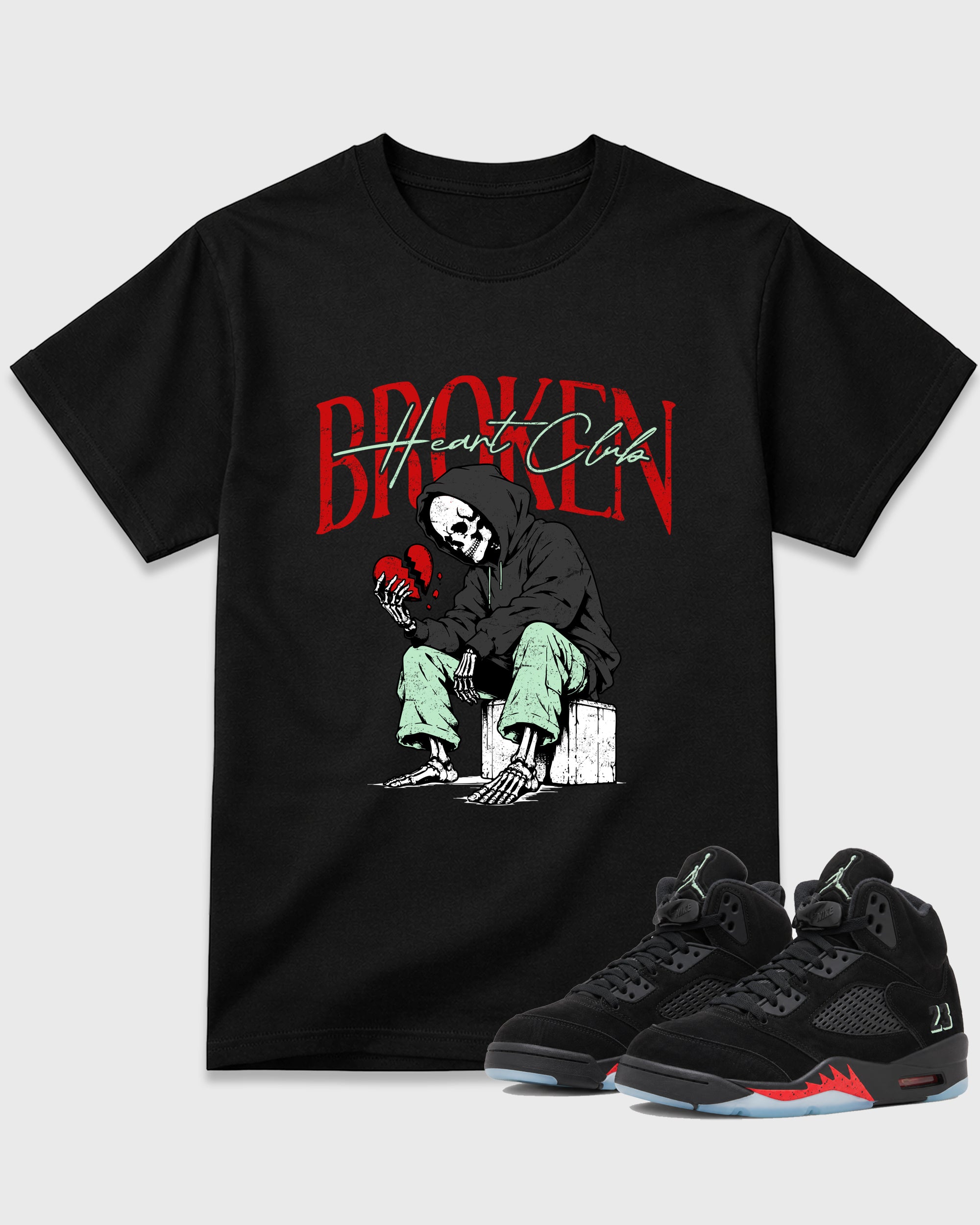 Broken Heart Club Graphic T-Shirt featuring original streetwear artwork designed to match the Air Jordan 5 Halloween. Black 1 Graphic T-Shirt.
