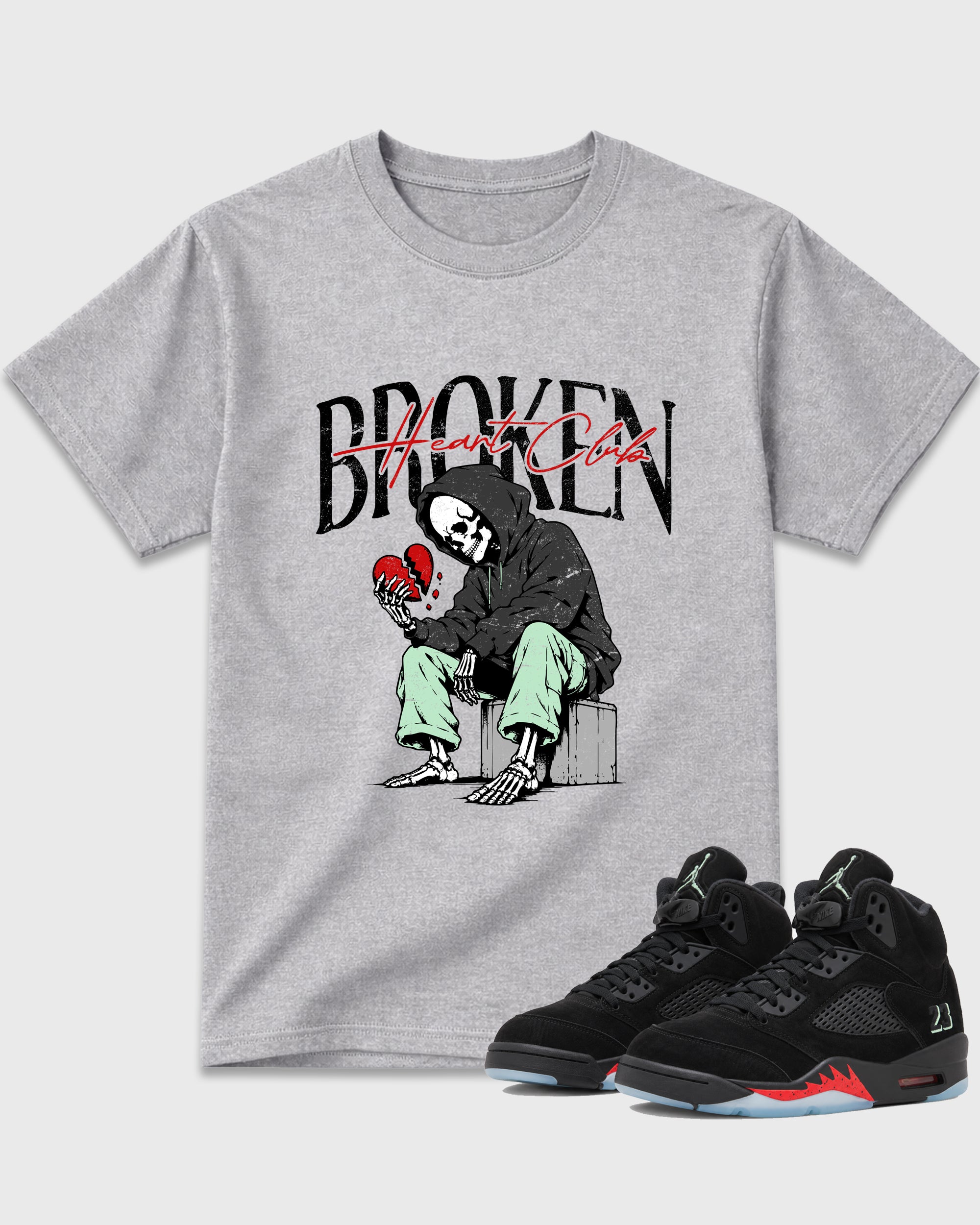 Broken Heart Club Graphic T-Shirt featuring original streetwear artwork designed to match the Air Jordan 5 Halloween. Heather Grey 1 Graphic T-Shirt.
