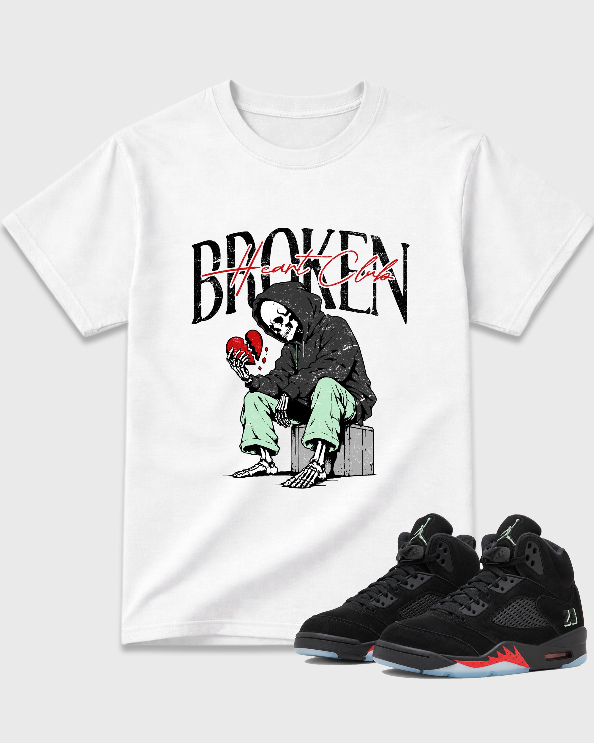 Broken Heart Club Graphic T-Shirt featuring original streetwear artwork designed to match the Air Jordan 5 Halloween. White 1 Graphic T-Shirt.