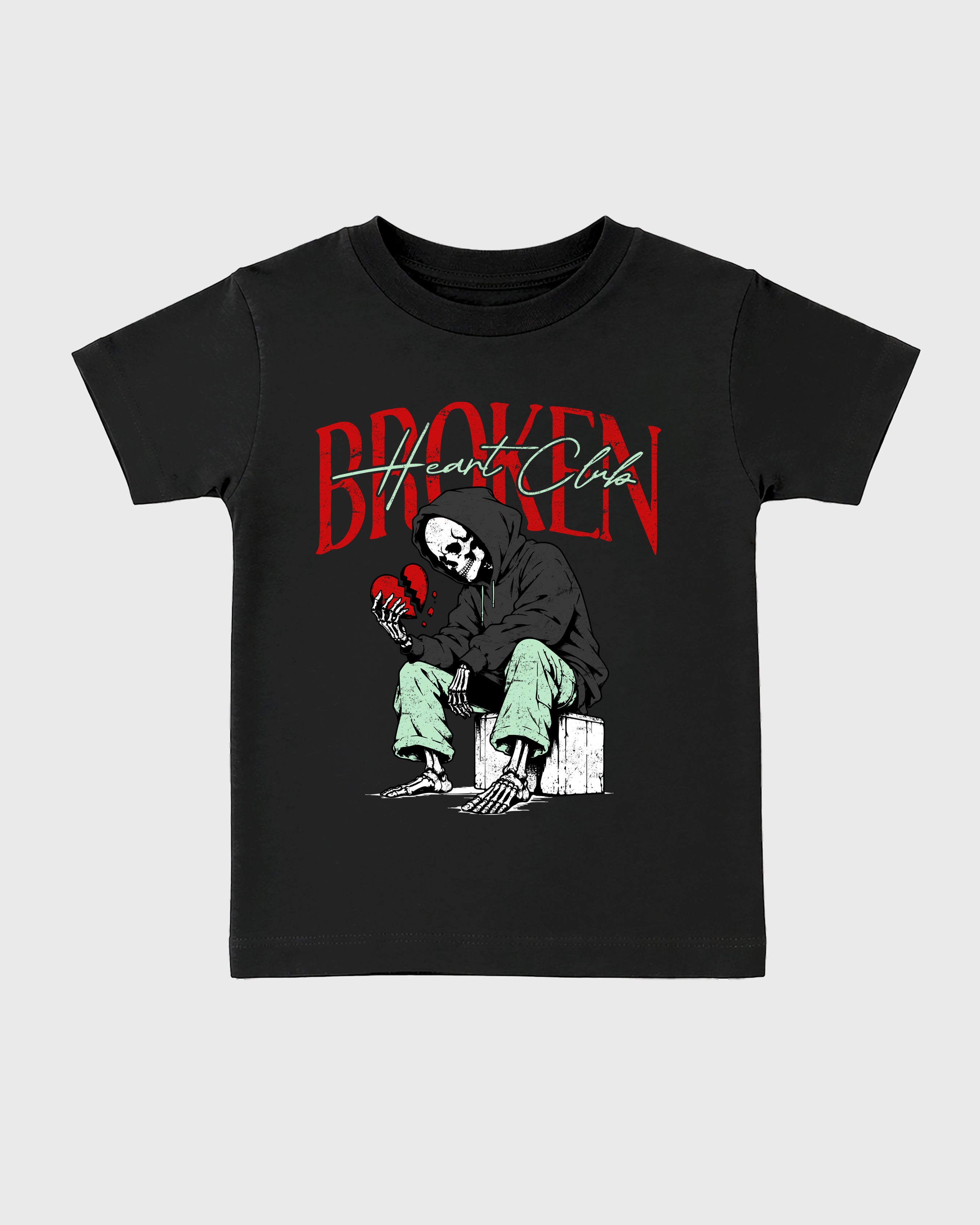Broken Heart Club Baby & Kids Graphic T-Shirt featuring original artwork designed to match the Air Jordan 5 Halloween. Black 2 Kids Graphic Tee.