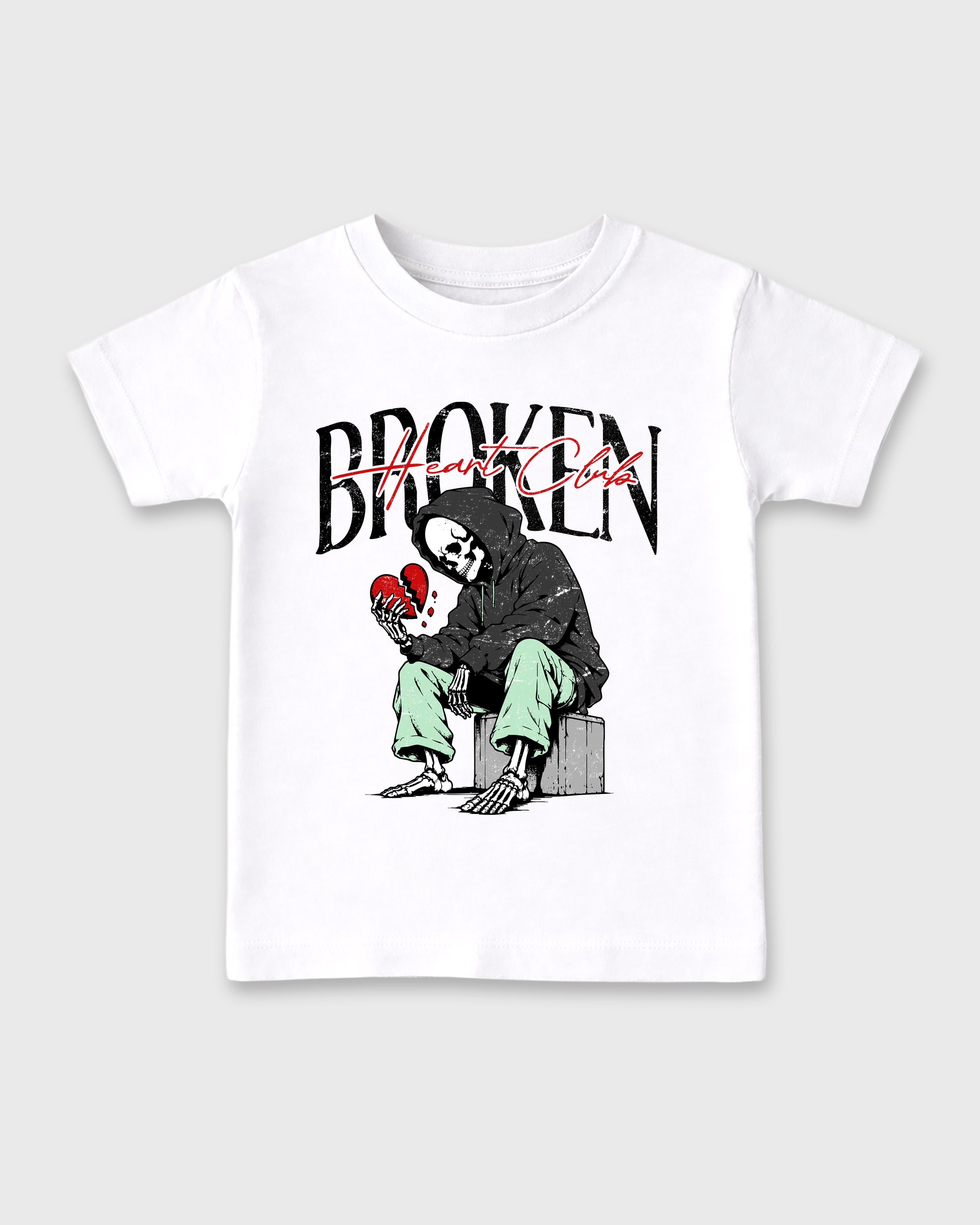 Broken Heart Club Baby & Kids Graphic T-Shirt featuring original artwork designed to match the Air Jordan 5 Halloween. White 2 Kids Graphic Tee.