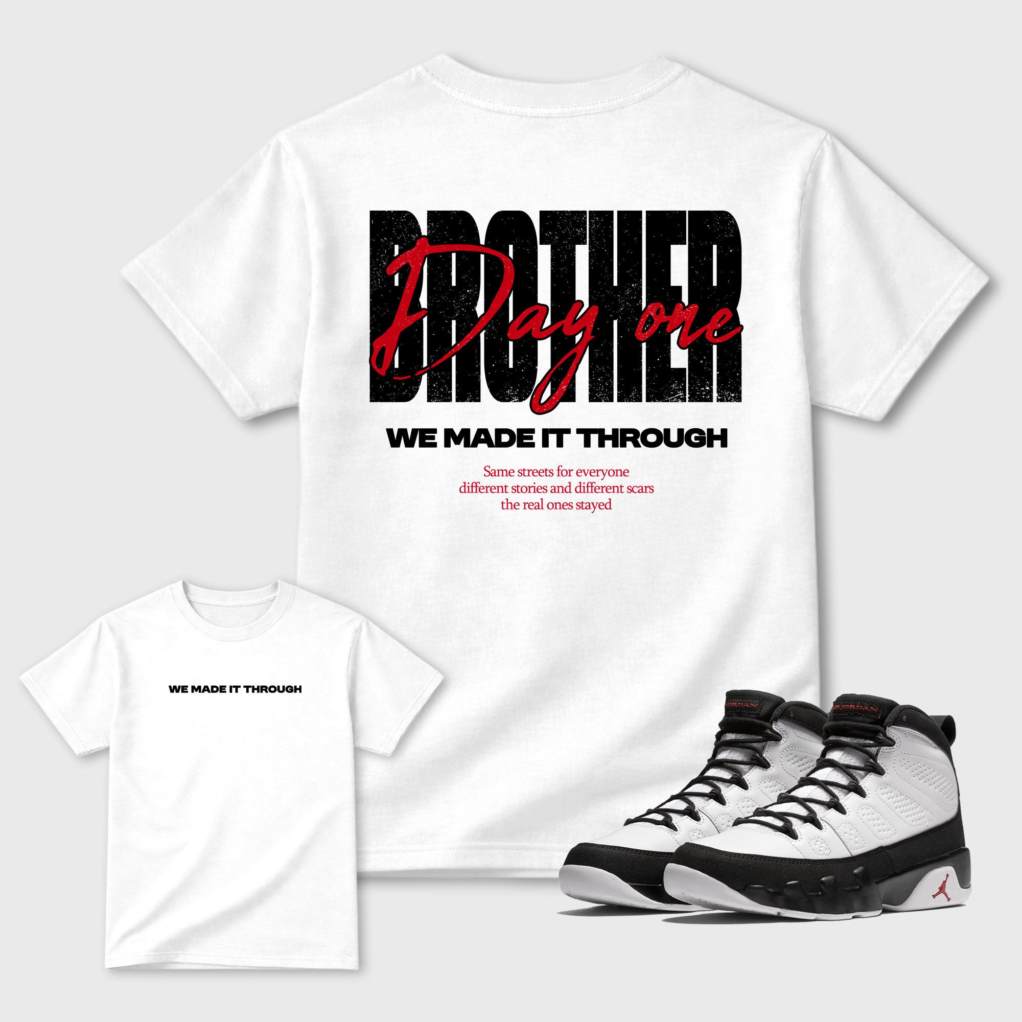 Brother Day One Graphic T-Shirt featuring original streetwear artwork designed to match the Air Jordan 9 True Red. White Graphic T-Shirt.