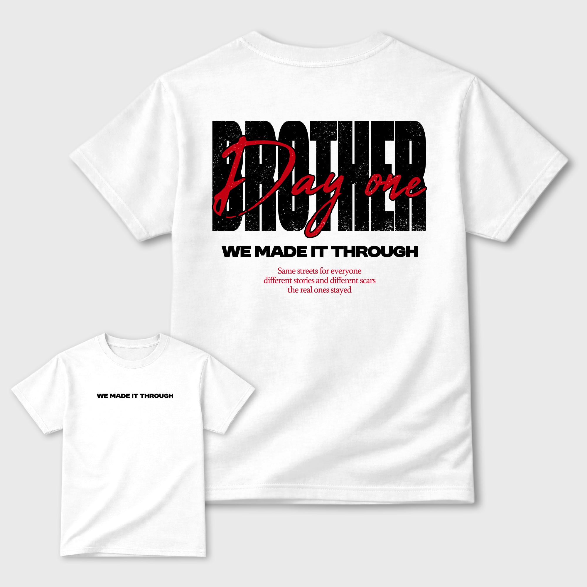 Brother Day One Graphic T-Shirt featuring original streetwear artwork designed to match the . White Graphic T-Shirt.