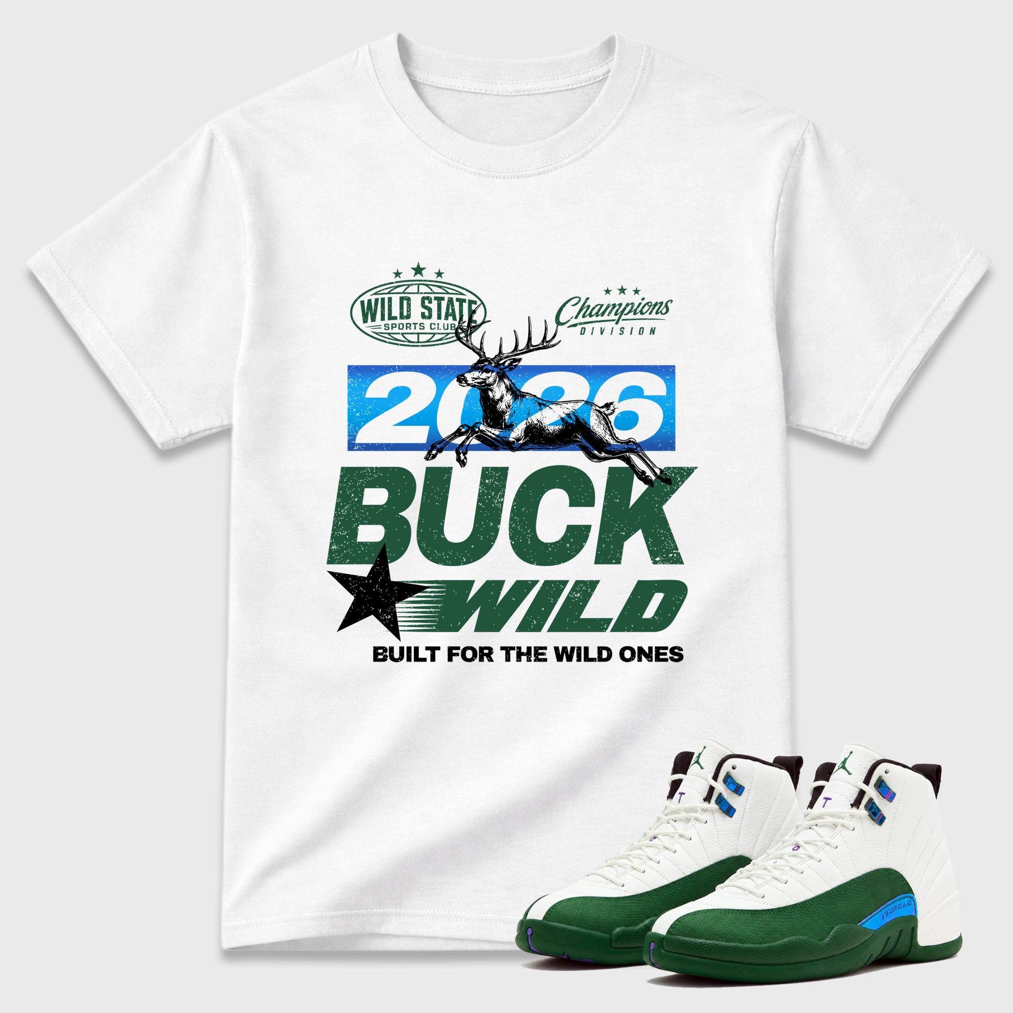Buck Wild Graphic T-Shirt featuring original streetwear artwork designed to match the Air Jordan 12 Bucks. White 1 Graphic T-Shirt.