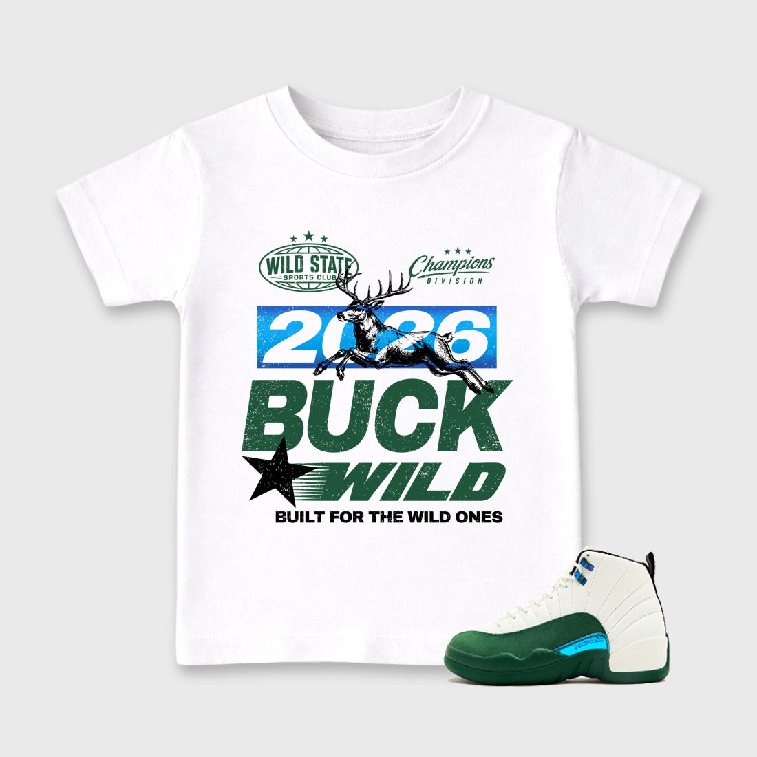 Buck Wild Baby & Kids Graphic T-Shirt featuring original artwork designed to match the Air Jordan 12 Bucks. White 1 Kids Graphic Tee.