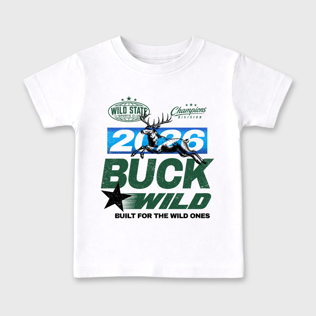 Buck Wild Baby & Kids Graphic T-Shirt featuring original artwork designed to match the Air Jordan 12 Bucks. White 2 Kids Graphic Tee.