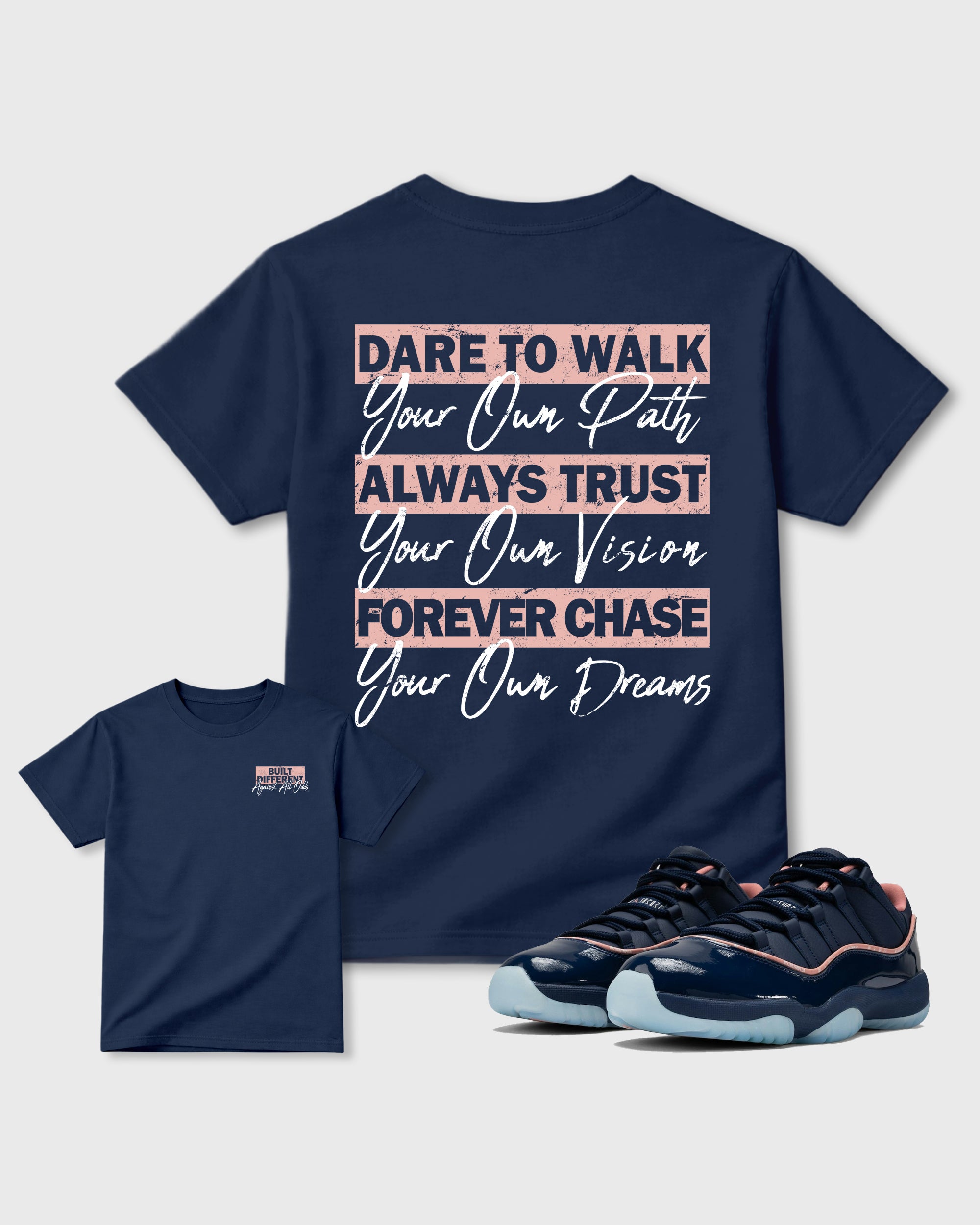 Built Different Against All Odds Navy Graphic T-Shirt - 1, sneaker matching tee designed to match Air Jordan 11 Made For Locals sneakers for a coordinated sneaker outfit.