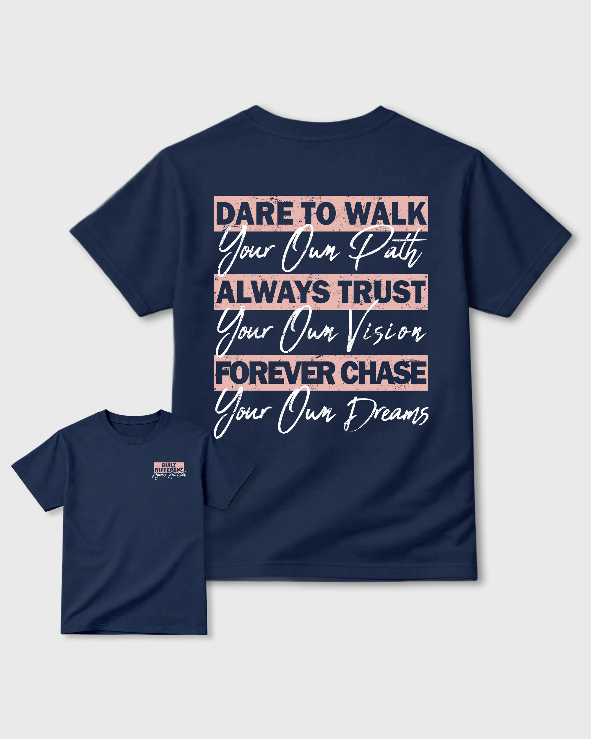 Built Different Against All Odds Navy Graphic T-Shirt - 1, sneaker matching tee designed to match Air Jordan 11 Made For Locals sneakers for a coordinated sneaker outfit.