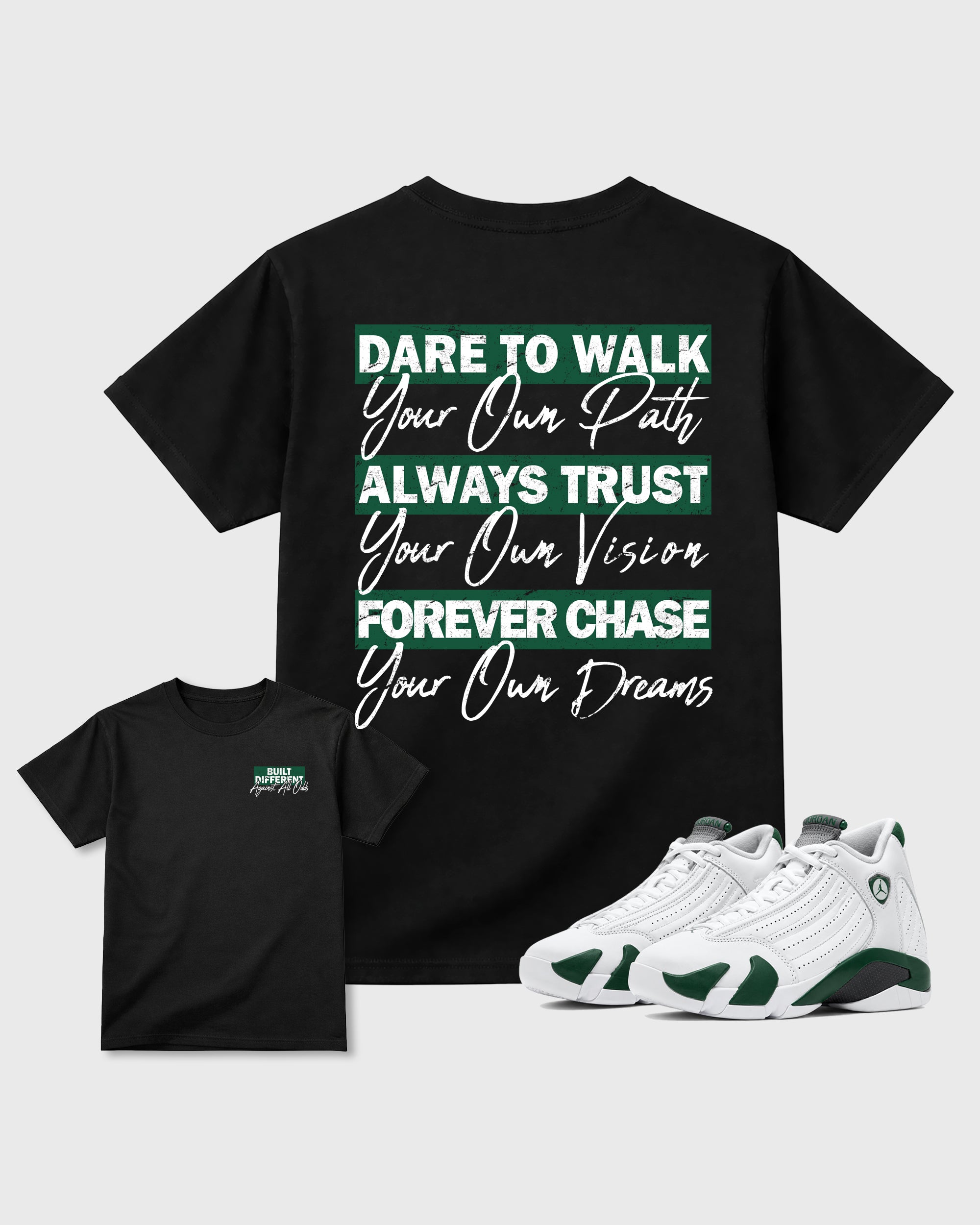 Built Different Against All Odds Black Graphic T-Shirt - 3, sneaker matching shirt designed to pair with AJ14 Forest Green sneakers for a coordinated streetwear outfit.