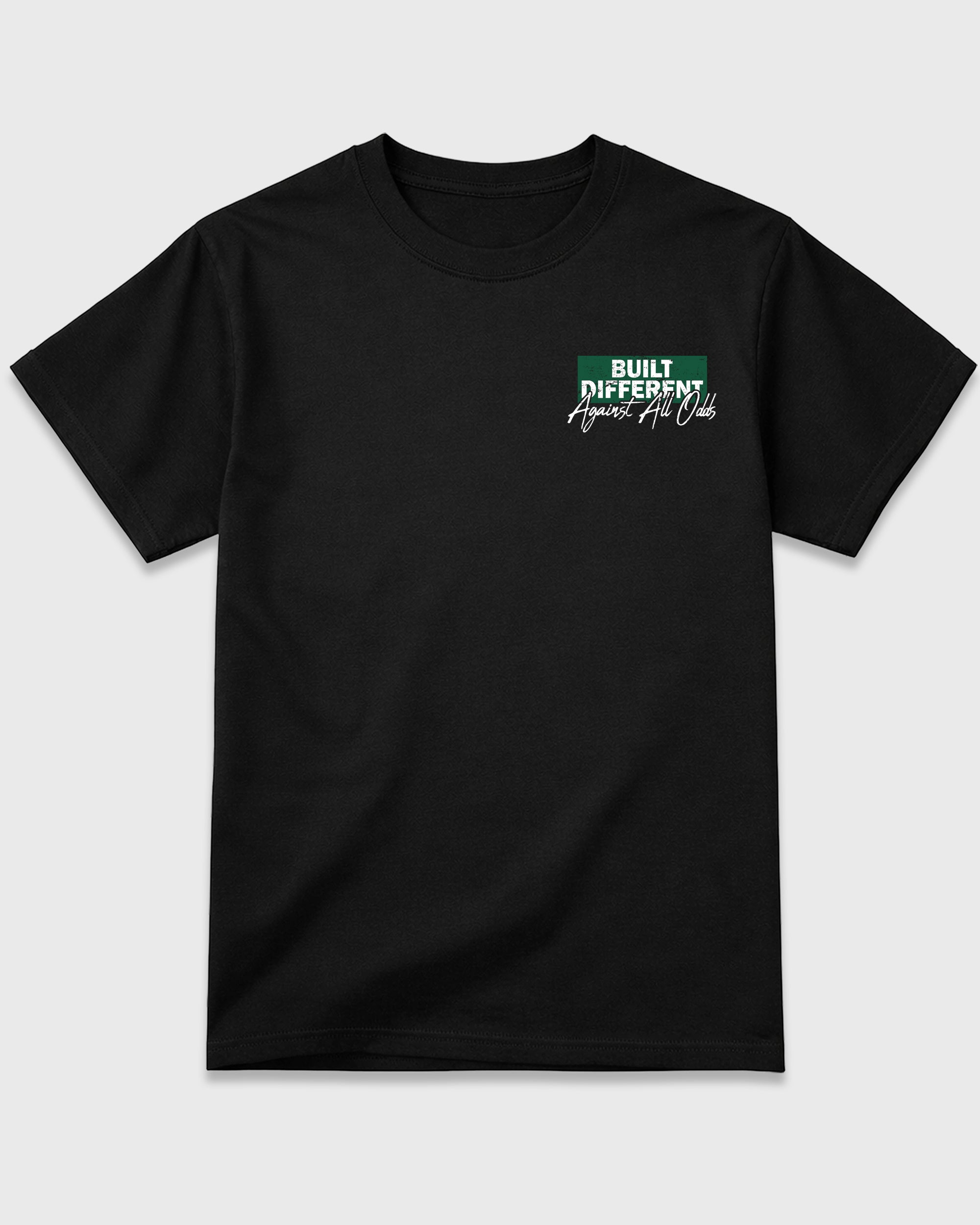 Built Different Against All Odds Black Graphic T-Shirt - 3, sneaker matching shirt designed to pair with AJ14 Forest Green sneakers for a coordinated streetwear outfit.