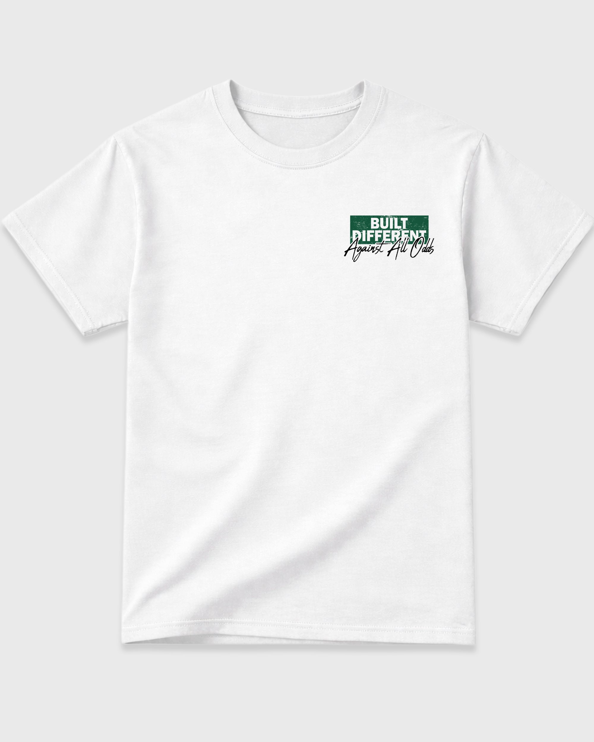 Built Different Against All Odds White Graphic T-Shirt - 3, sneaker matching shirt designed to pair with AJ14 Forest Green sneakers for a coordinated streetwear outfit.