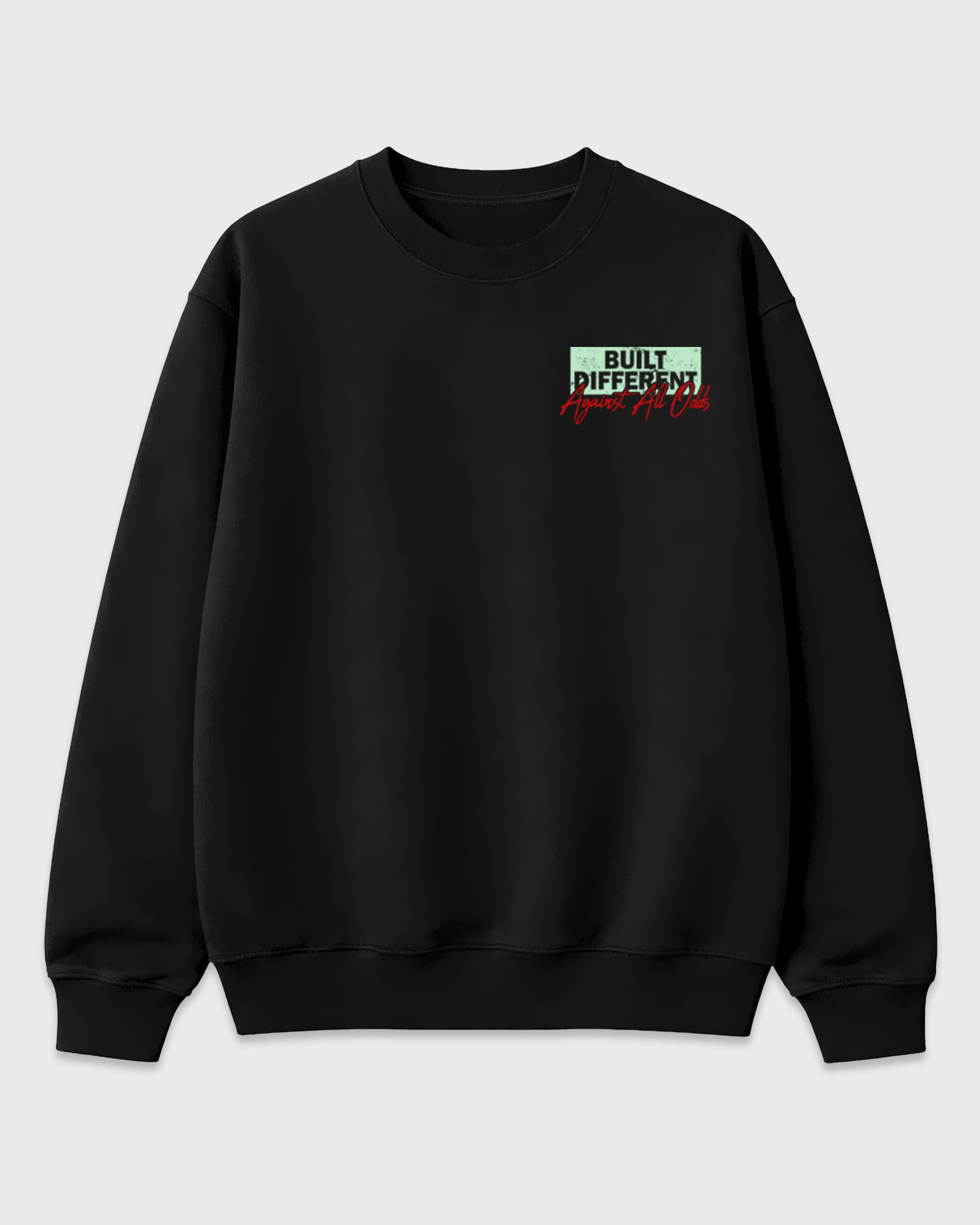 Built Different Against All Odds Black Graphic Sweatshirt - 2, featuring original SNRT artwork created to pair with AJ5 Halloween sneakers and everyday streetwear styling.