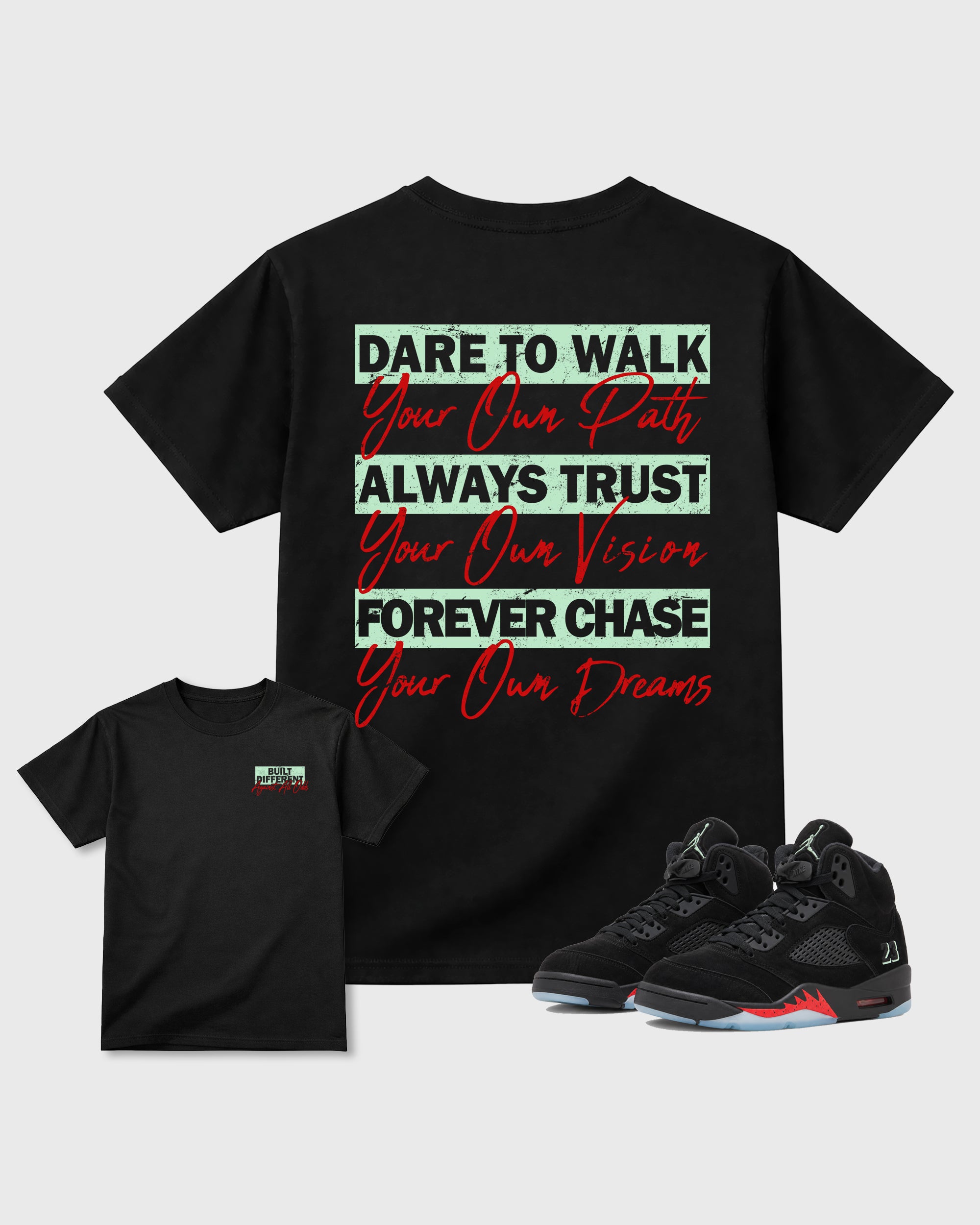 Built Different Against All Odds Black Graphic T-Shirt - 1, sneaker matching tee designed to match AJ5 Halloween sneakers for a coordinated sneaker outfit.