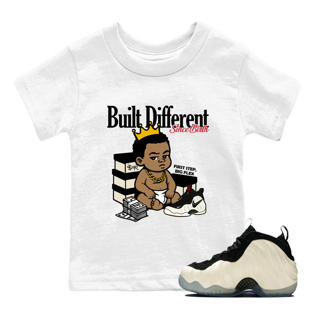 Sneaker Threads – Sneaker Tees To Match Air Foamposite One Pearl – Built Different Since Birth Youth Graphic Tee White 1. Perfect for Jordan releases 2025 colorways.