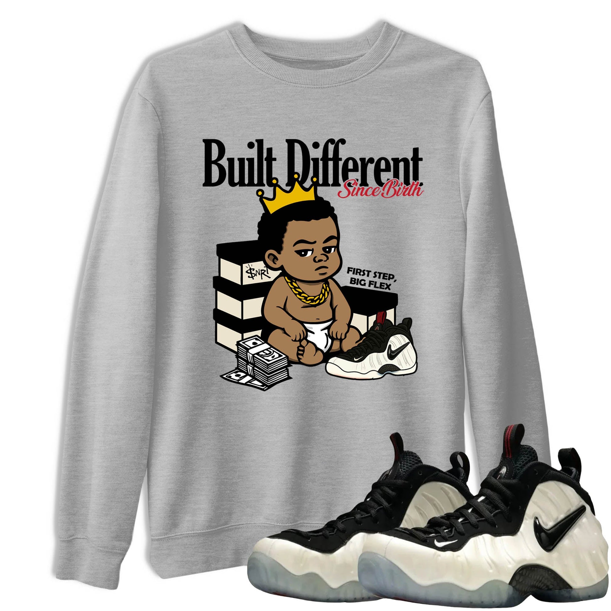 Sneaker Threads – Sneaker Tees To Match Air Foamposite One Pearl – Built Different Since Birth Graphic Tee Heather Grey 1. Perfect for Jordan releases 2025 colorways.