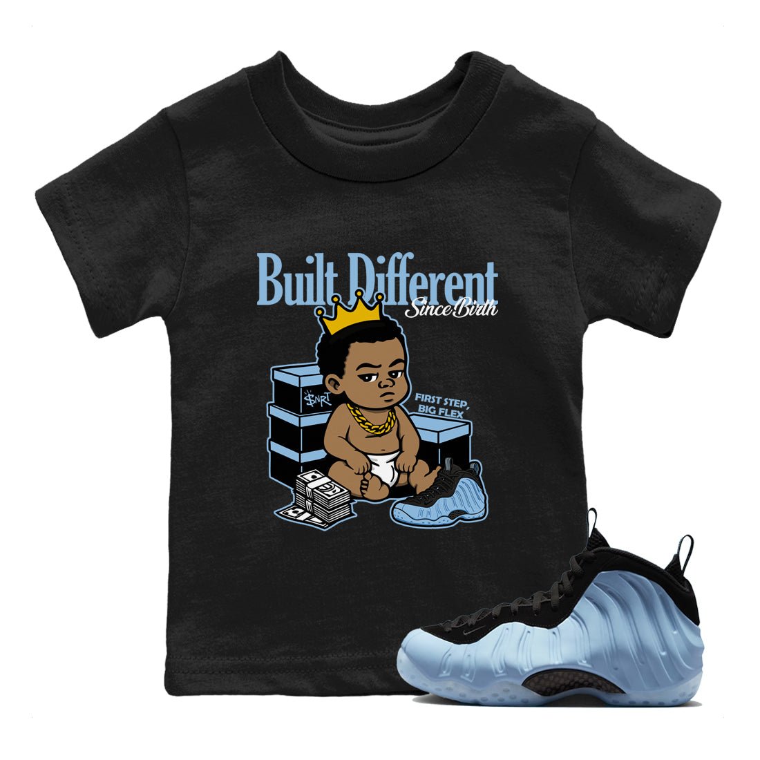 Built Different Since Birth baby and kids t-shirt crafted for little sneakerheads to shine with the Air Foamposite One Psychic Blue sneakers, displayed in Black 1.