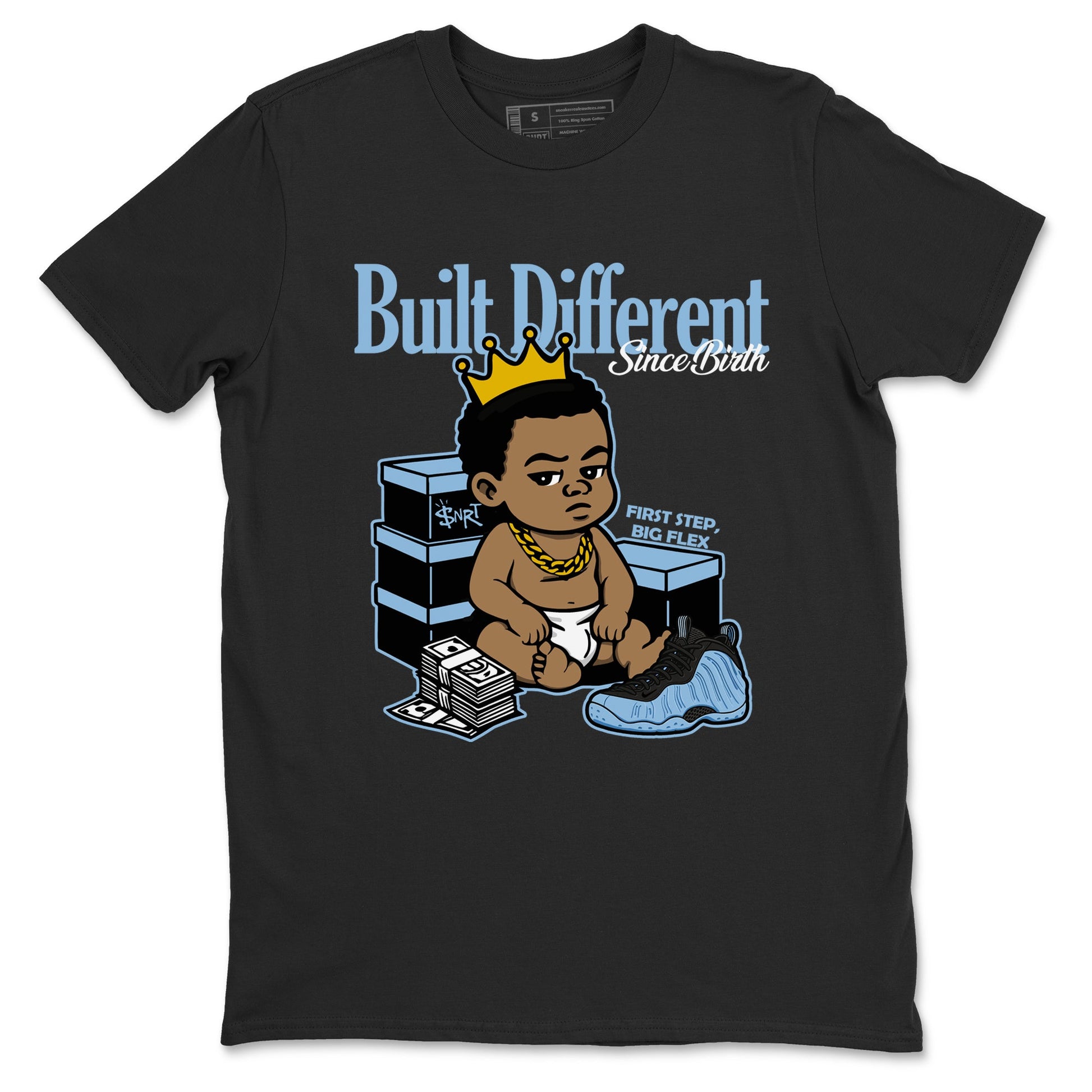 Built Different Since Birth sneaker match t-shirt styled to complete your fit with the Air Foamposite One Psychic Blue sneakers, shown in Black 2.
