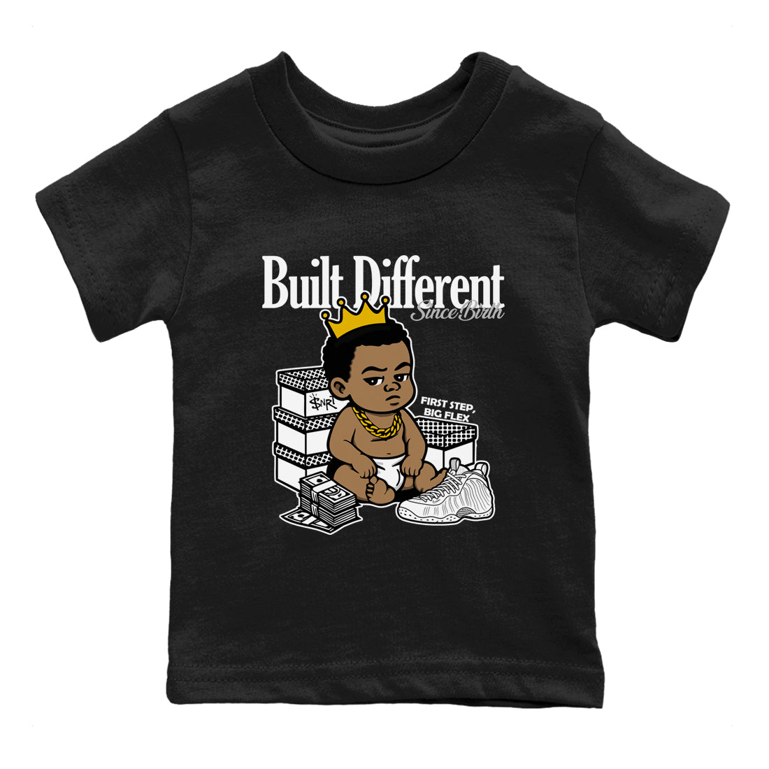 Built Different Since Birth baby and kids t-shirt crafted for little sneakerheads to shine with the Air Foamposite One Triple White sneakers, displayed in Black 2.