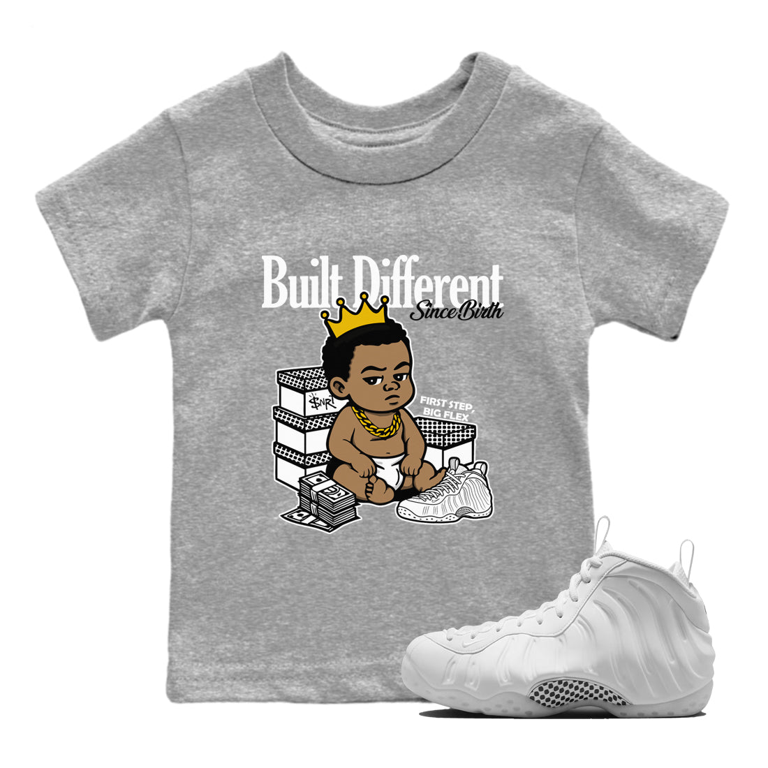 Built Different Since Birth baby and kids t-shirt crafted for little sneakerheads to shine with the Air Foamposite One Triple White sneakers, displayed in Heather Grey 1.