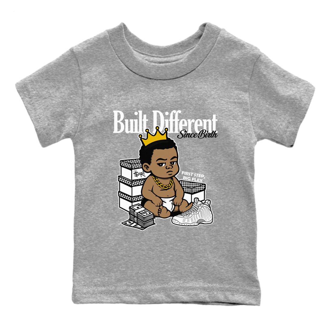 Built Different Since Birth baby and kids t-shirt crafted for little sneakerheads to shine with the Air Foamposite One Triple White sneakers, displayed in Heather Grey 2.