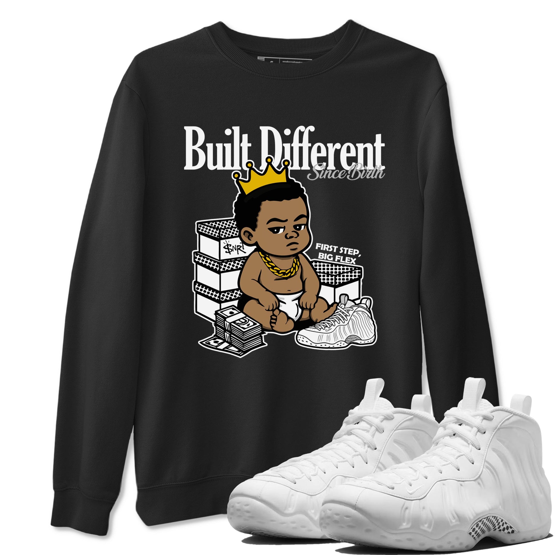 Built Different Since Birth sneaker match t-shirt styled to complete your fit with the Air Foamposite One Triple White sneakers, shown in Black 1.