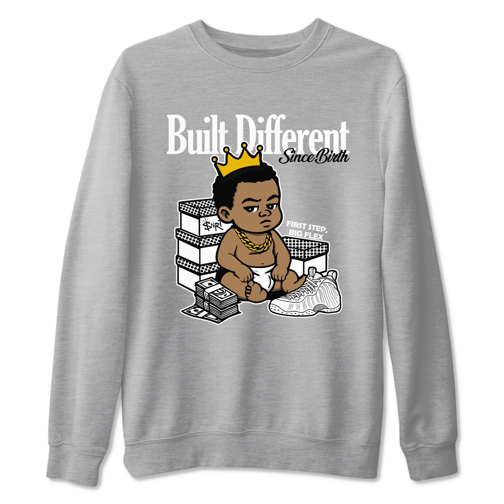 Built Different Since Birth sneaker match t-shirt styled to complete your fit with the Air Foamposite One Triple White sneakers, shown in Heather Grey 2.